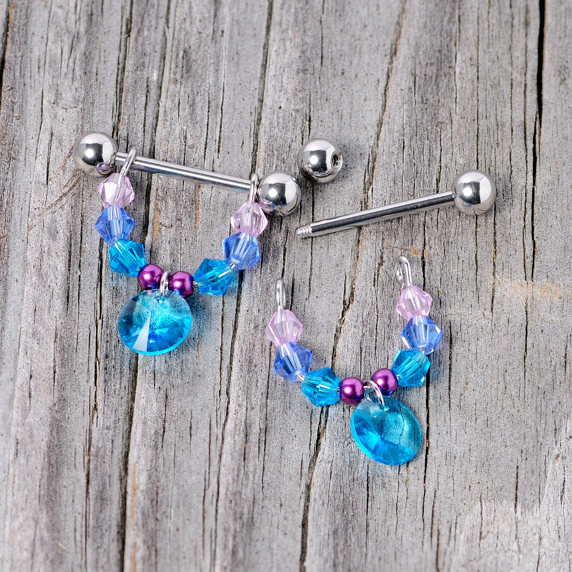 14G 5/8 Pink Aqua Gem Disc Dangle Barbell Nipple Ring Set - Image 4
