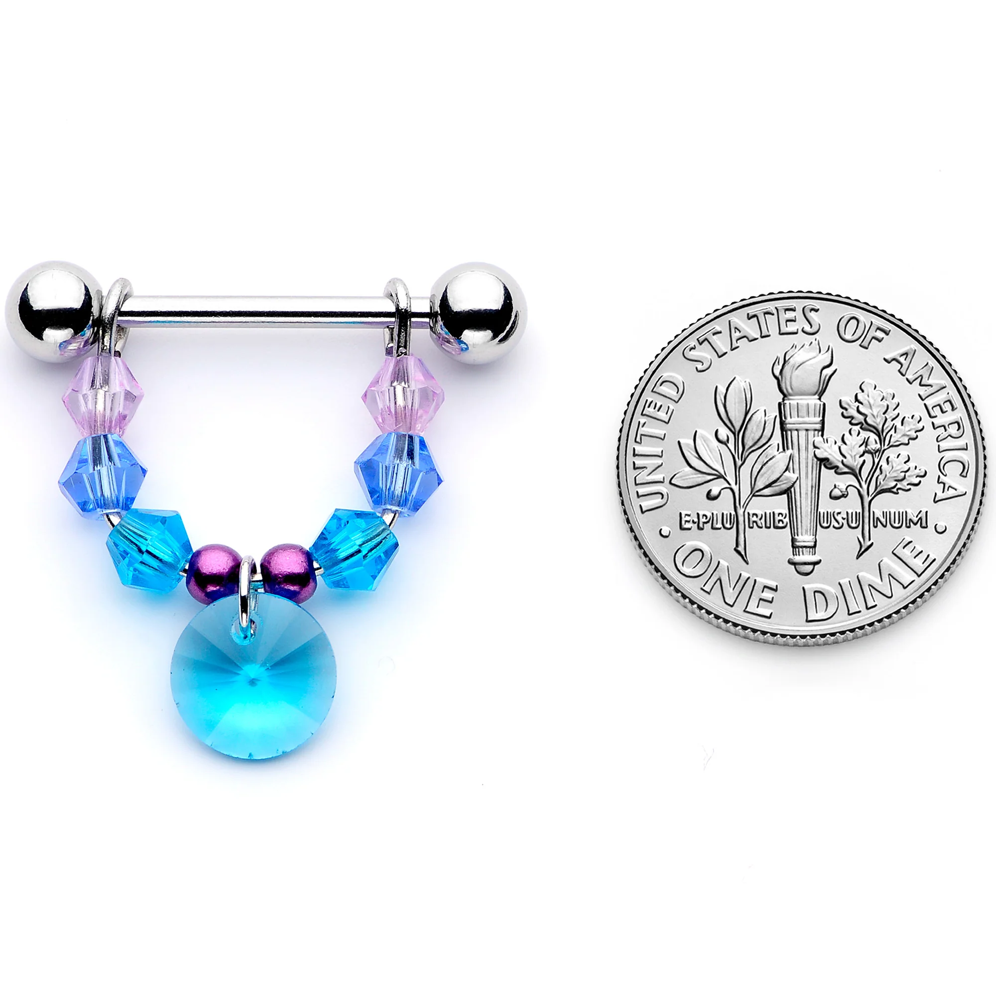 14G 5/8 Pink Aqua Gem Disc Dangle Barbell Nipple Ring Set - Image 5