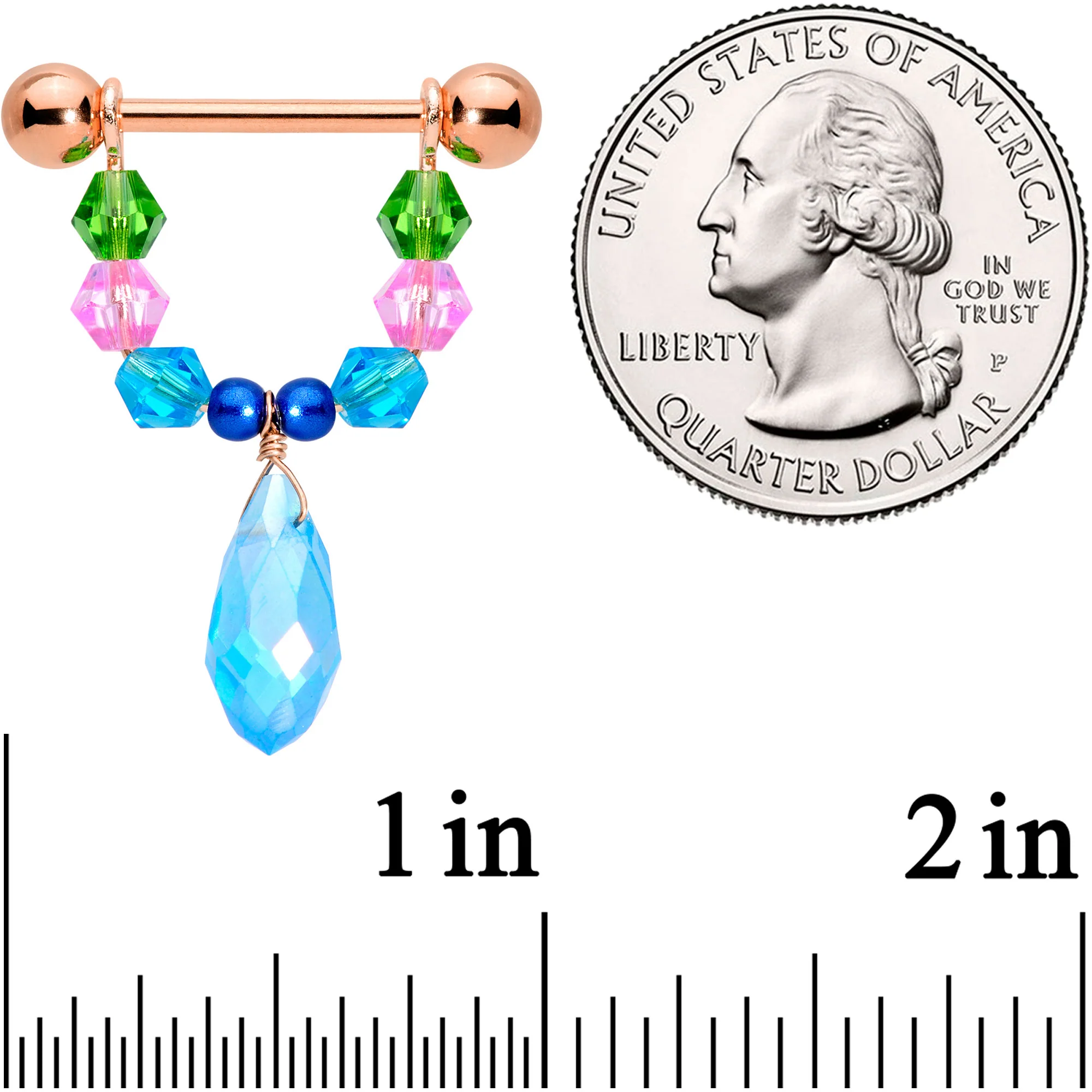 14G 5/8 Blue Pink Green Gem Rose Gold Tone Drop Nipple Ring Set - Image 2