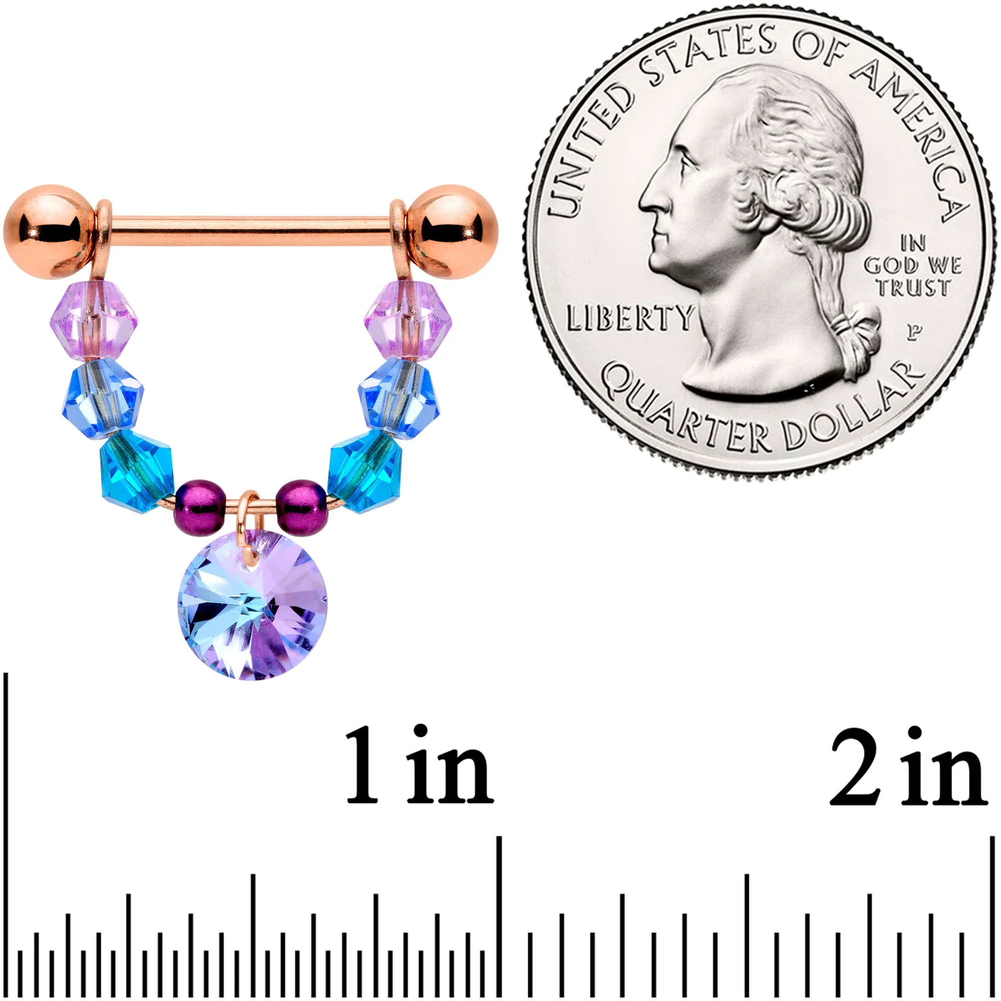 14G 5/8 Blue Purple Gem Rose Gold Tone Disc Nipple Ring Set - Image 2