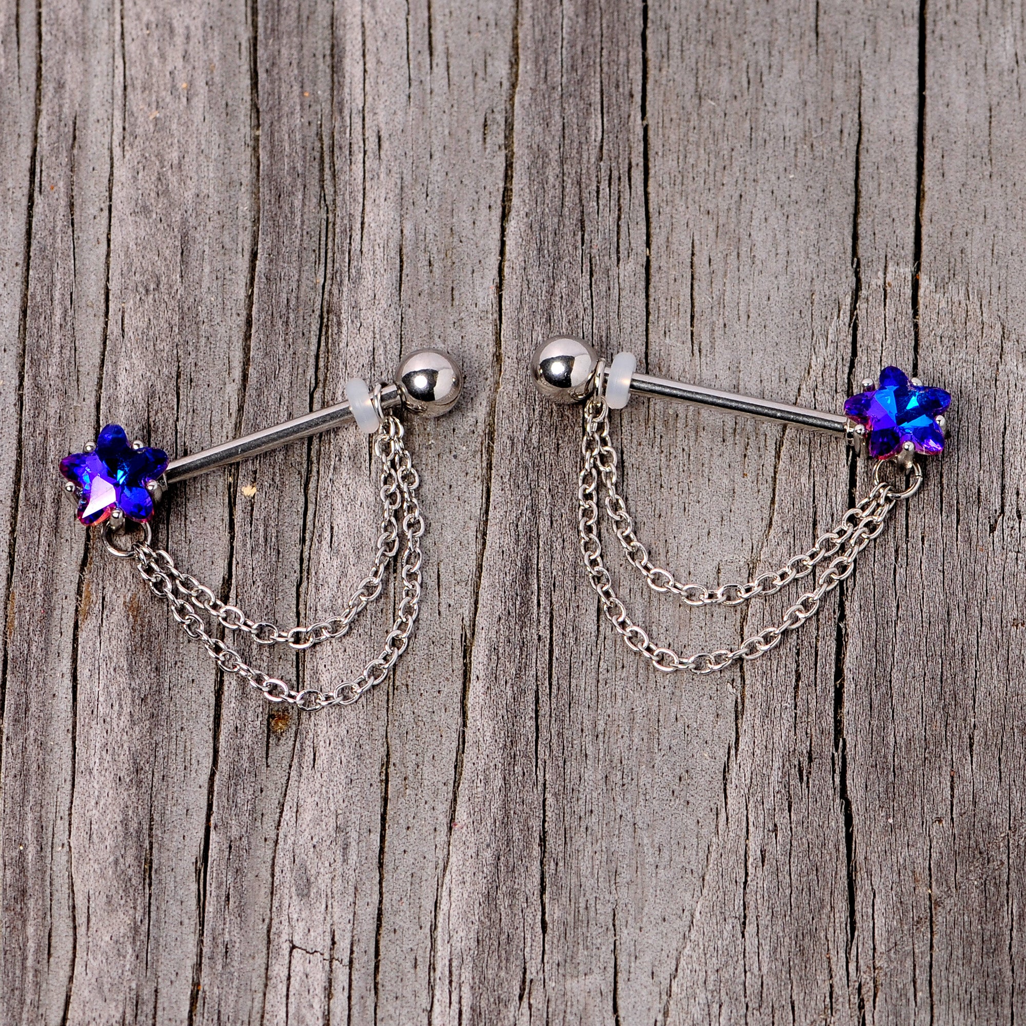 14G 5/8 Blue Purple Gem Star Chain Dangle Barbell Nipple Ring Set - Image 4