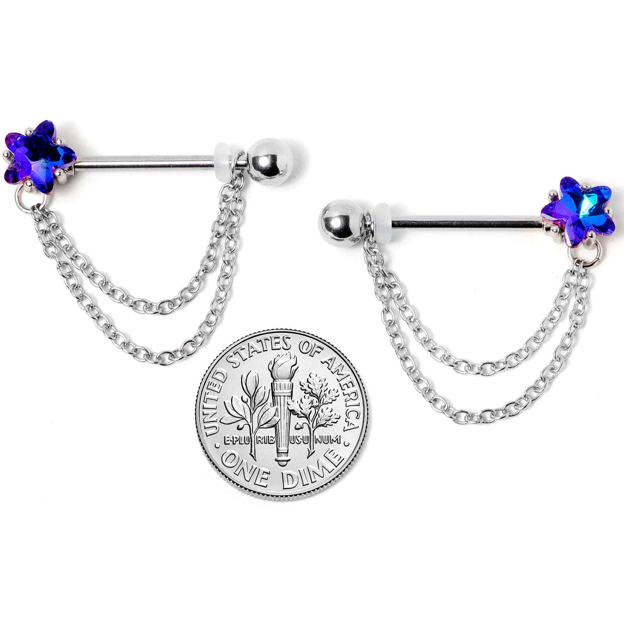 14G 5/8 Blue Purple Gem Star Chain Dangle Barbell Nipple Ring Set - Image 5
