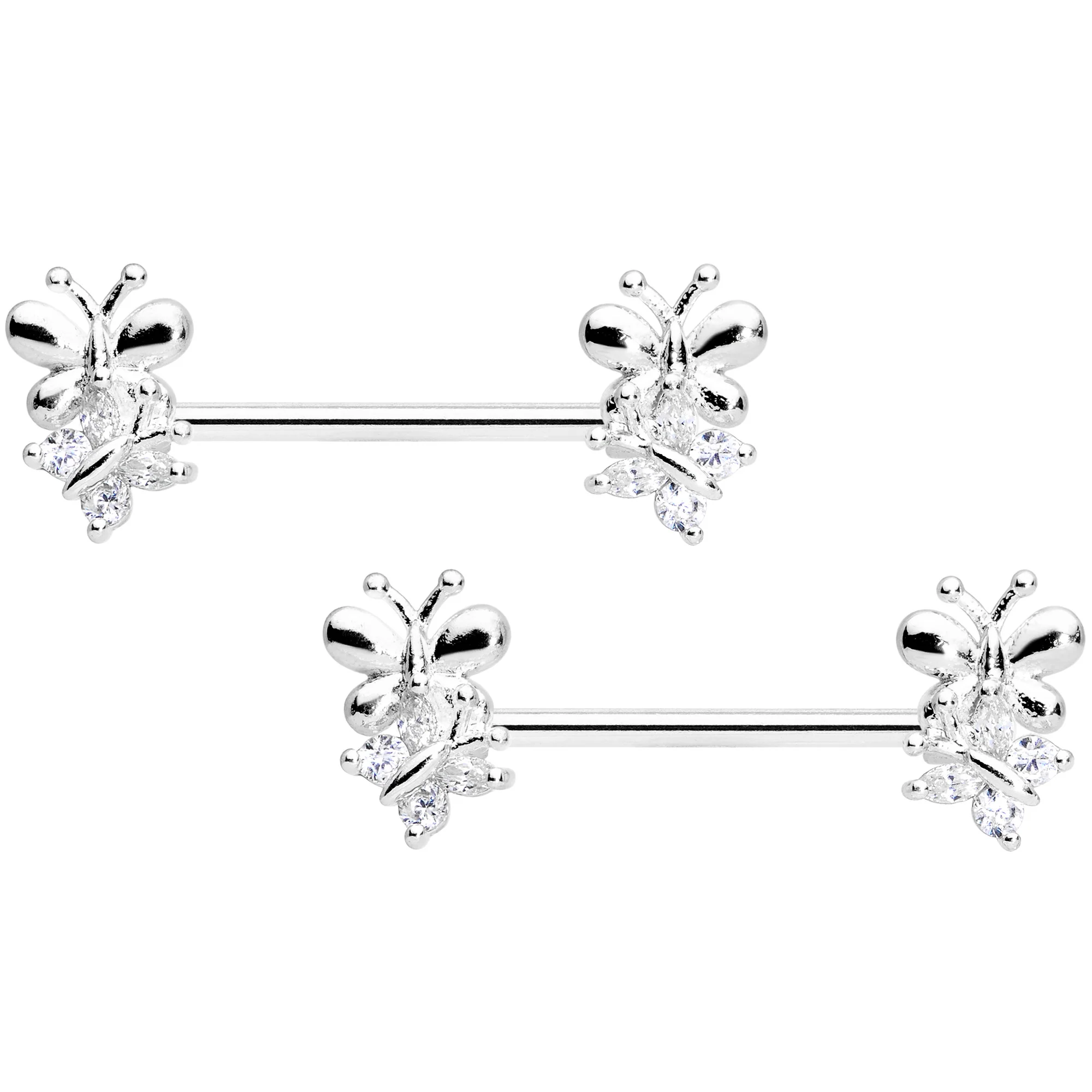14G 5/8 Clear CZ Gem Butterfly Barbell Nipple Set