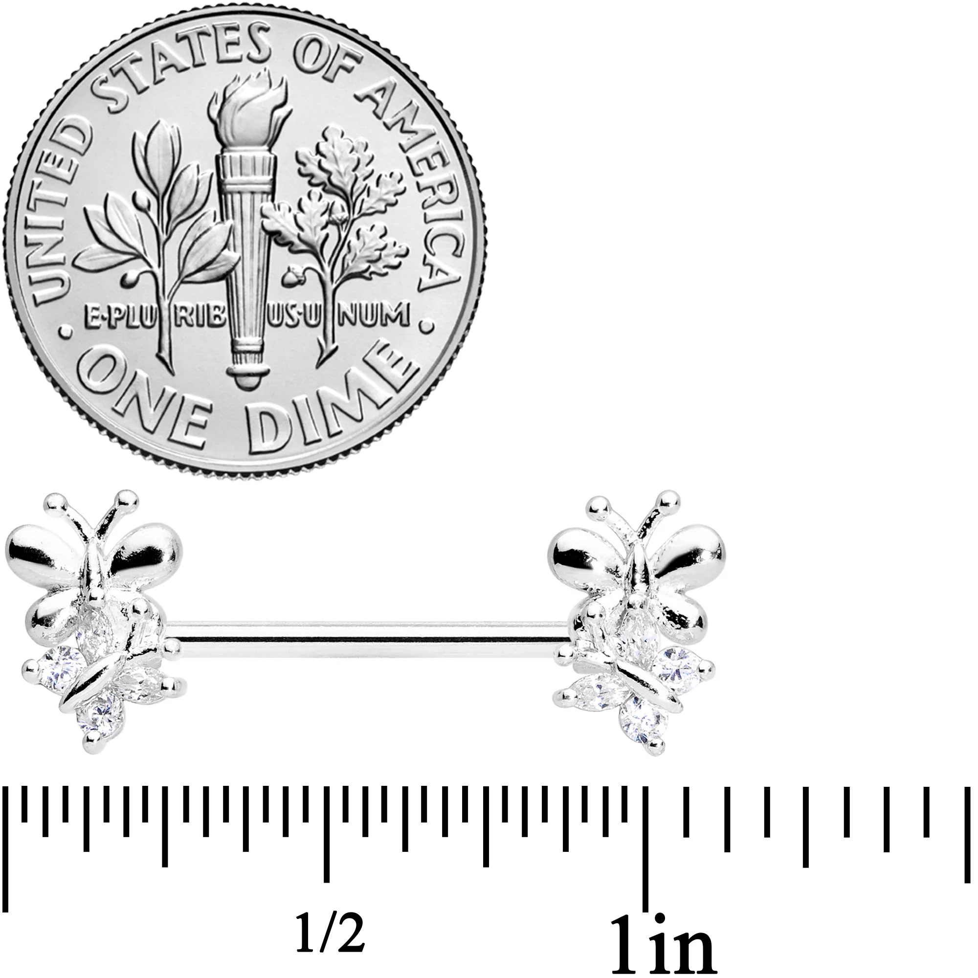 14G 5/8 Clear CZ Gem Butterfly Barbell Nipple Set - Image 3