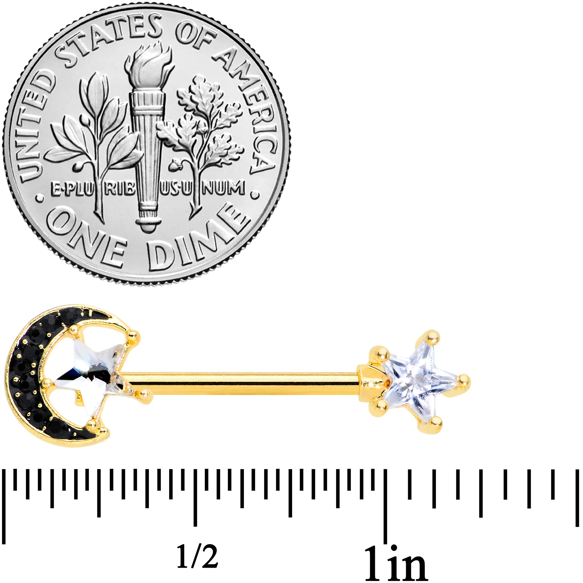 14G 5/8 Clear CZ Gem Gold Tone Black Moon Barbell Nipple Ring Set - Image 2
