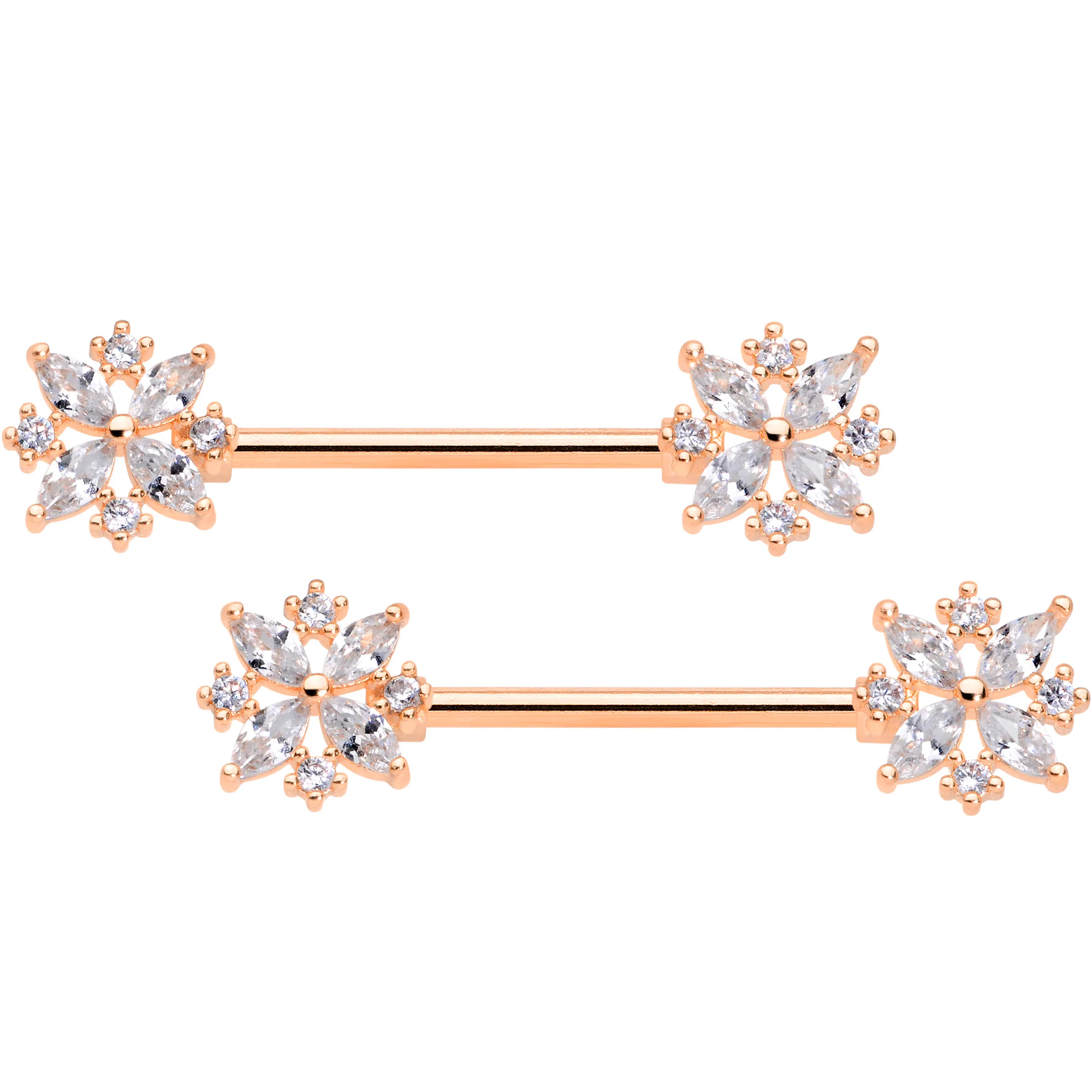 14G 5/8 Clear CZ Gem Rose Gold Tone Star Burst Nipple Ring Set
