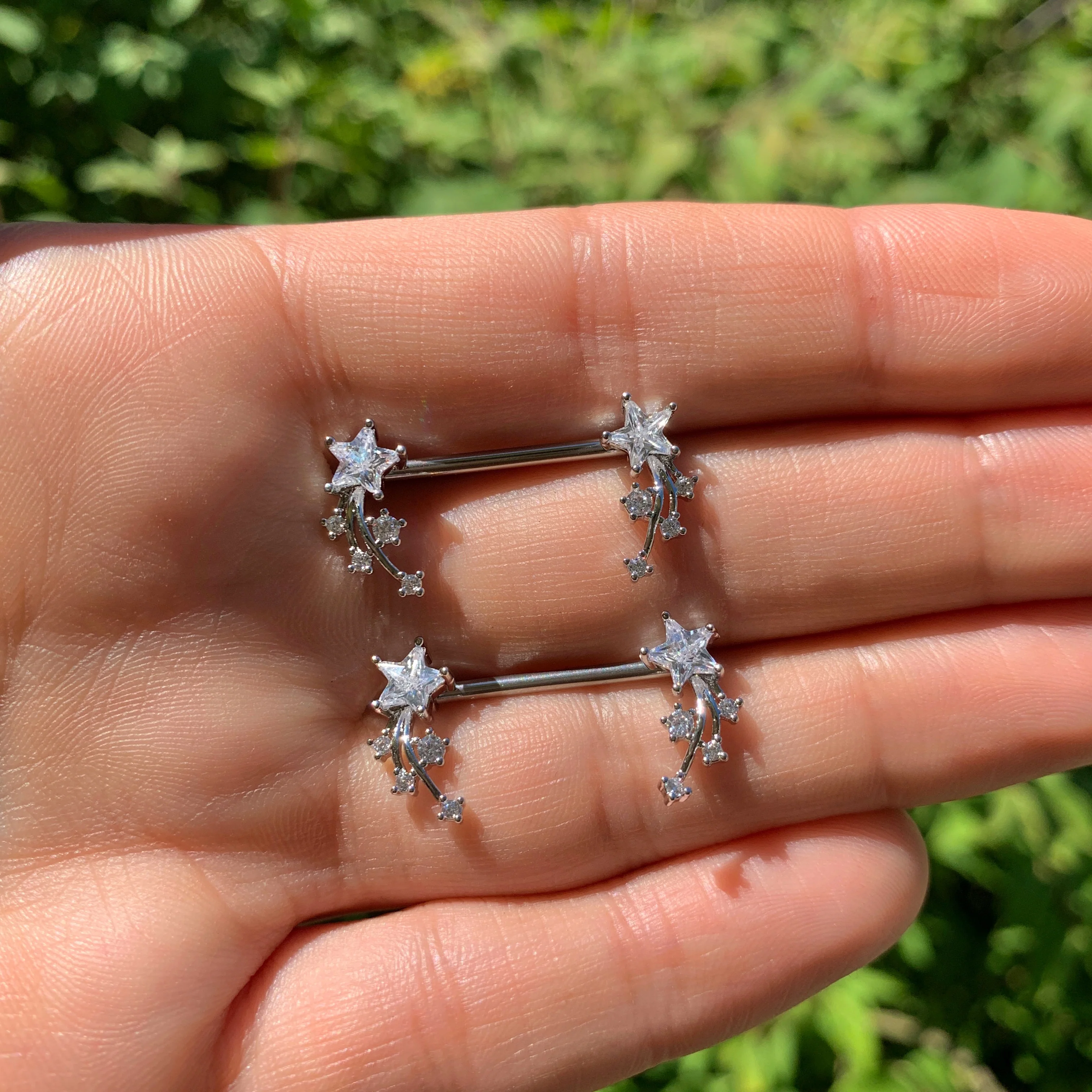 14G 5/8 Clear CZ Gem Shooting Star Barbell Nipple Ring Set - Image 3