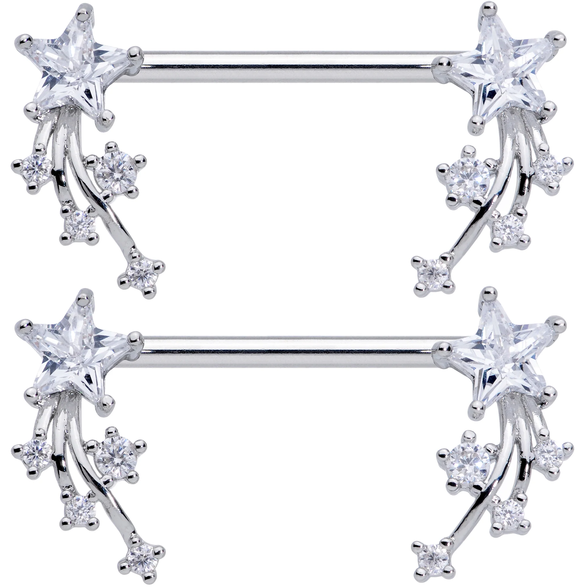 14G 5/8 Clear CZ Gem Shooting Star Barbell Nipple Ring Set - Image 4