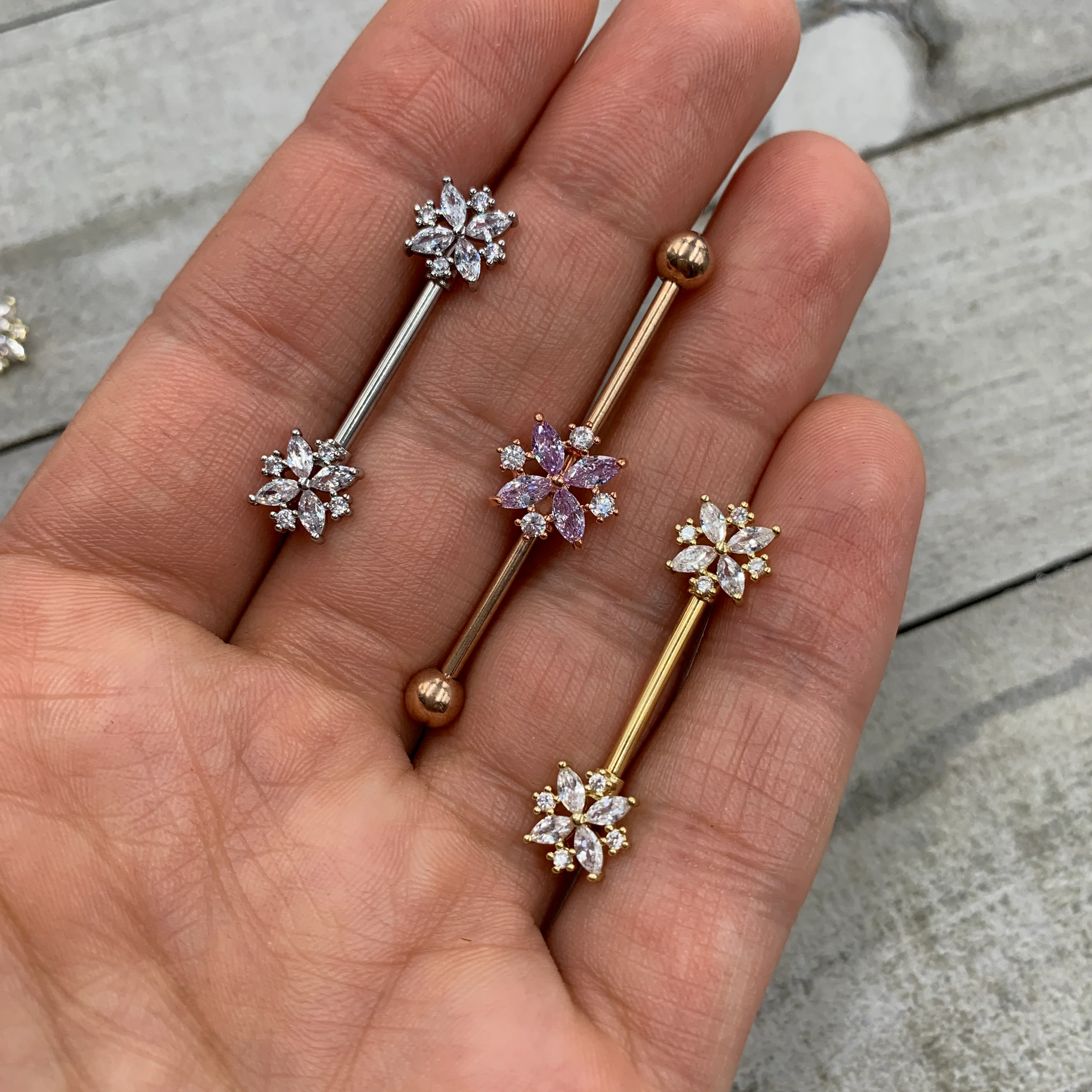 14G 5/8 Clear CZ Gem Star Burst Barbell Nipple Ring Set - Image 2