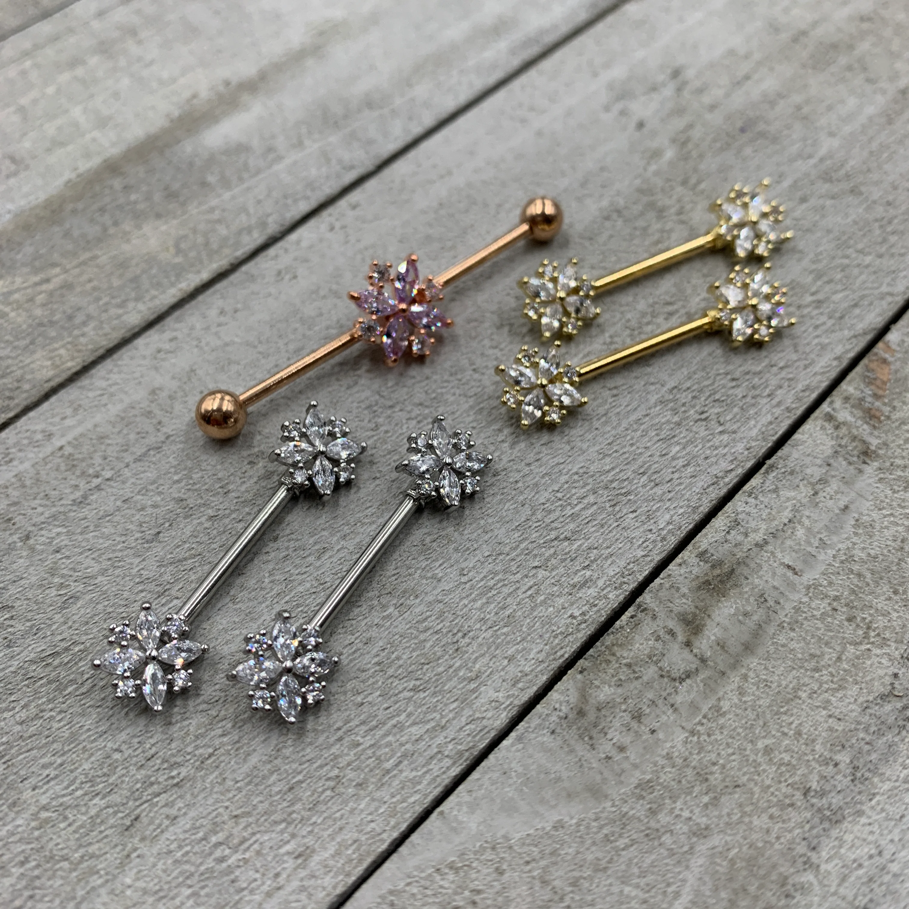 14G 5/8 Clear CZ Gem Star Burst Barbell Nipple Ring Set - Image 3
