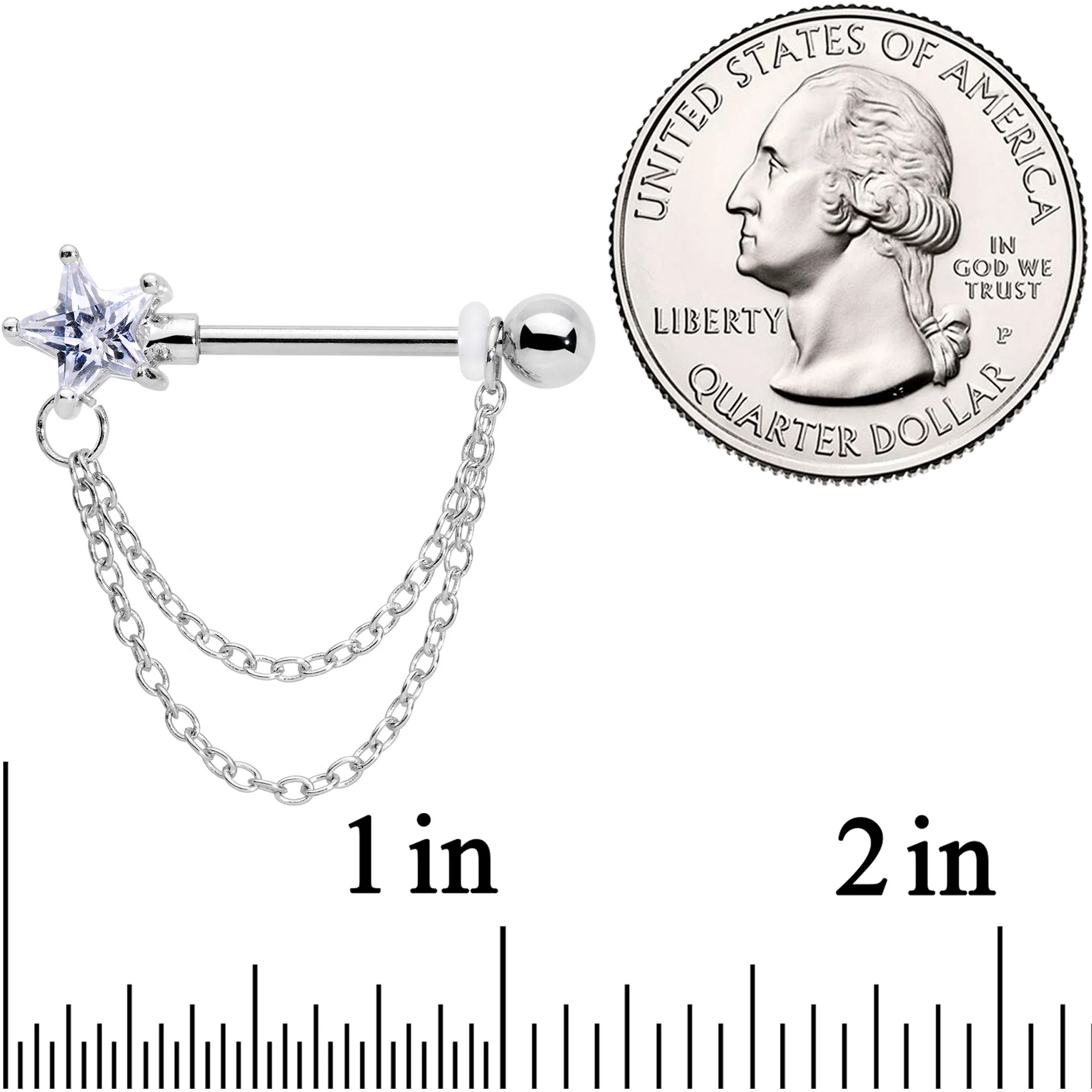 14G 5/8 Clear CZ Star Gem Chain Dangle Nipple Ring Set - Image 3