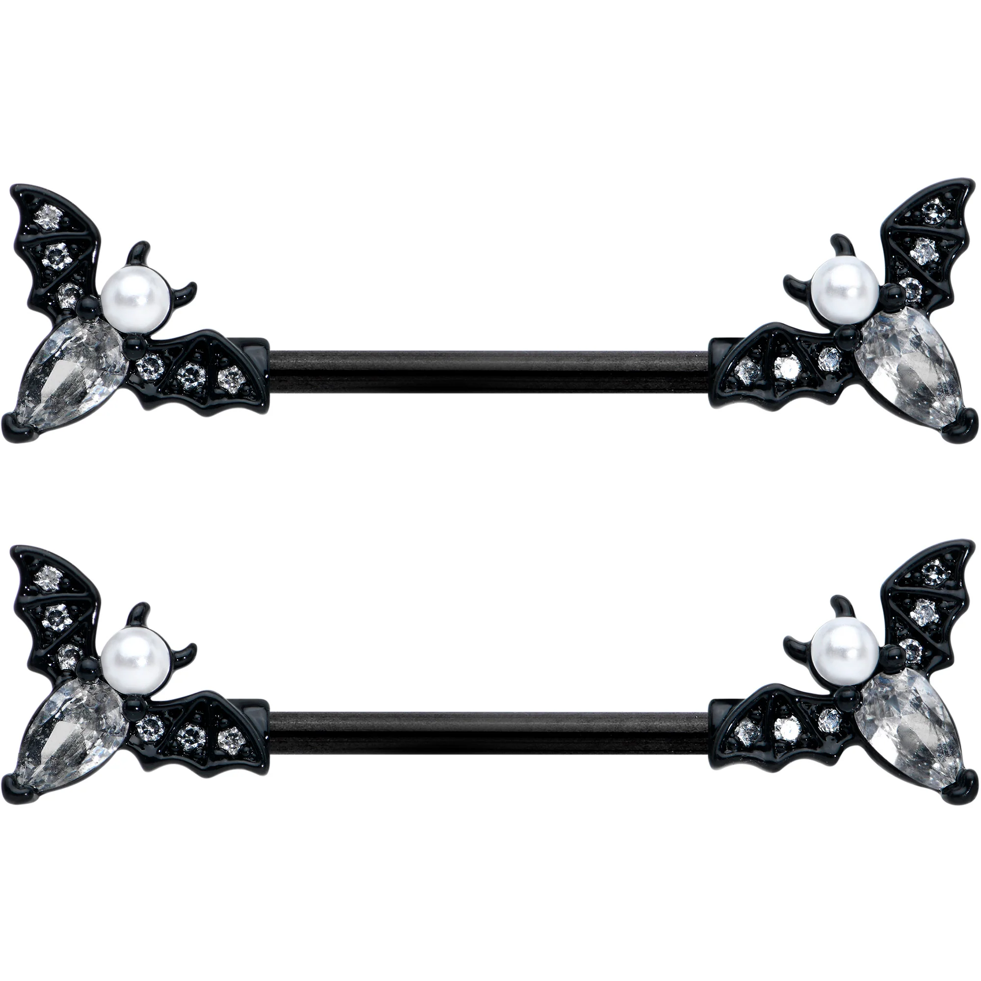 14G 5/8 Clear Gem Black Flying Bats Halloween Nipple Ring Set - Image 2