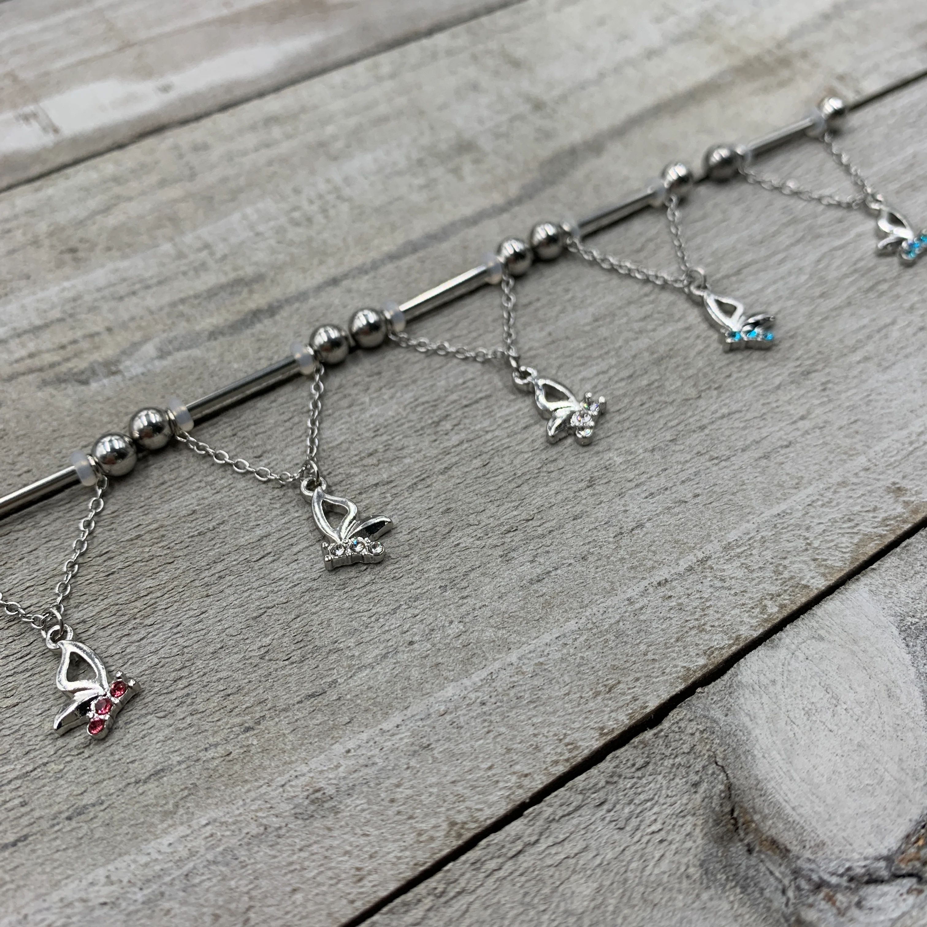 14G 5/8 Clear Gem Butterfly Dangle Nipple Ring Set - Image 2
