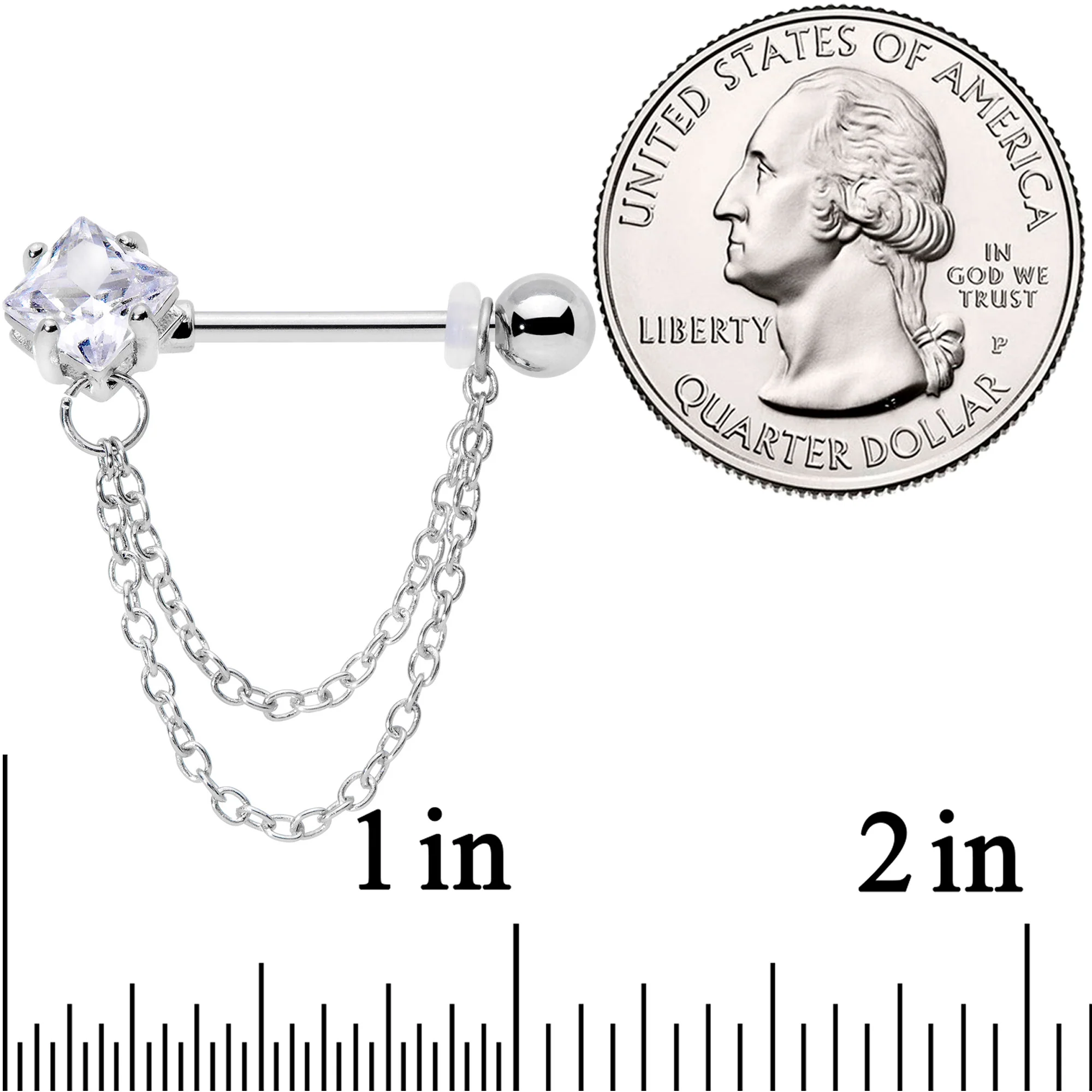 14G 5/8 Clear Gem Elegant Chain Dangle Barbell Nipple Ring Set - Image 2