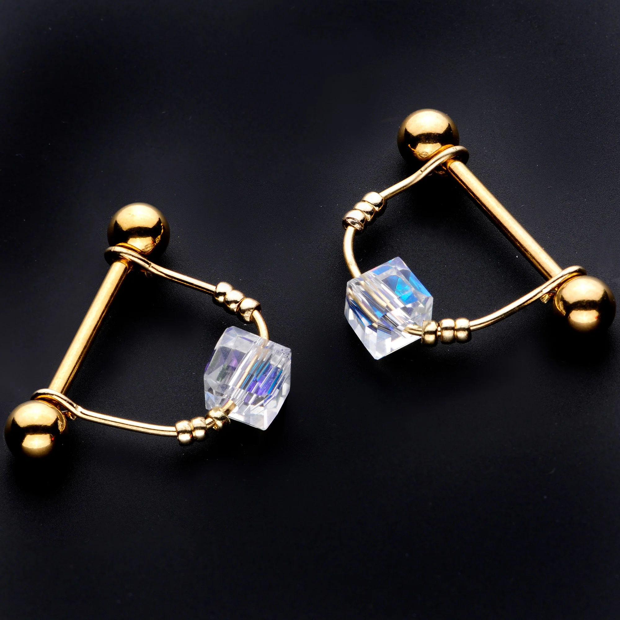 14G 5/8 Clear Gem Gold Tone Cube Dangle Nipple Ring Set - Image 2