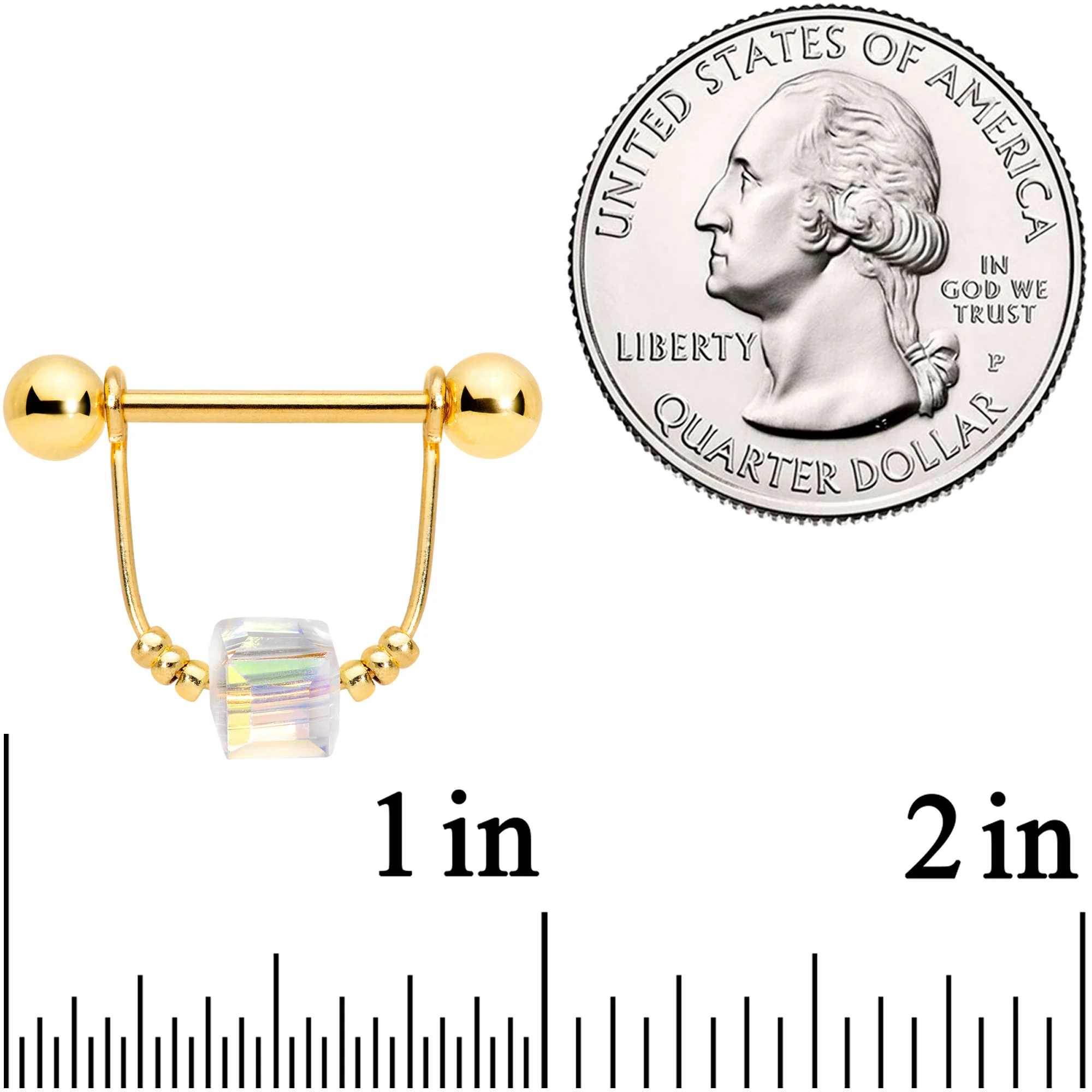 14G 5/8 Clear Gem Gold Tone Cube Dangle Nipple Ring Set - Image 3