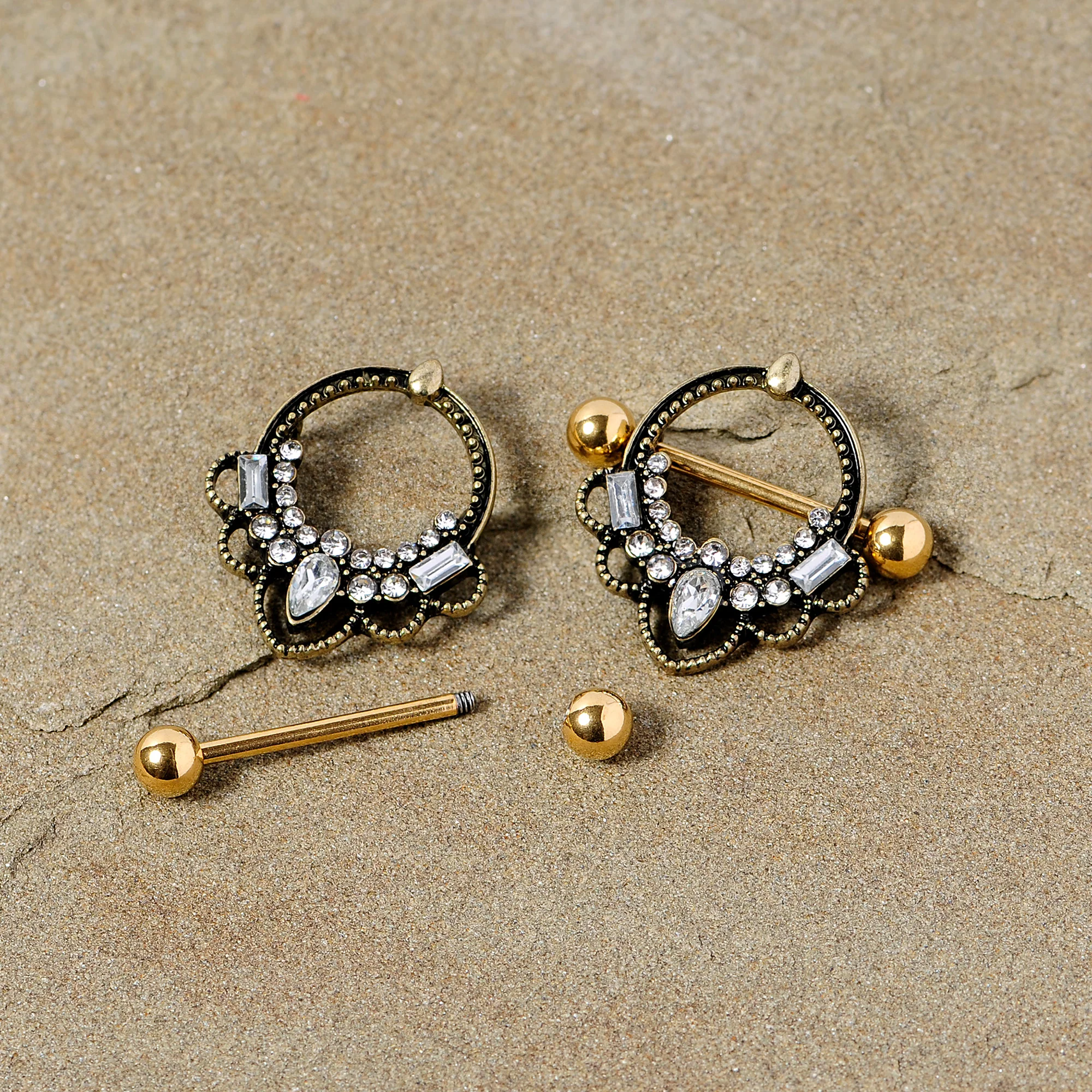 14G 5/8 Clear Gem Gold Tone Filigree Nipple Shield Set - Image 3