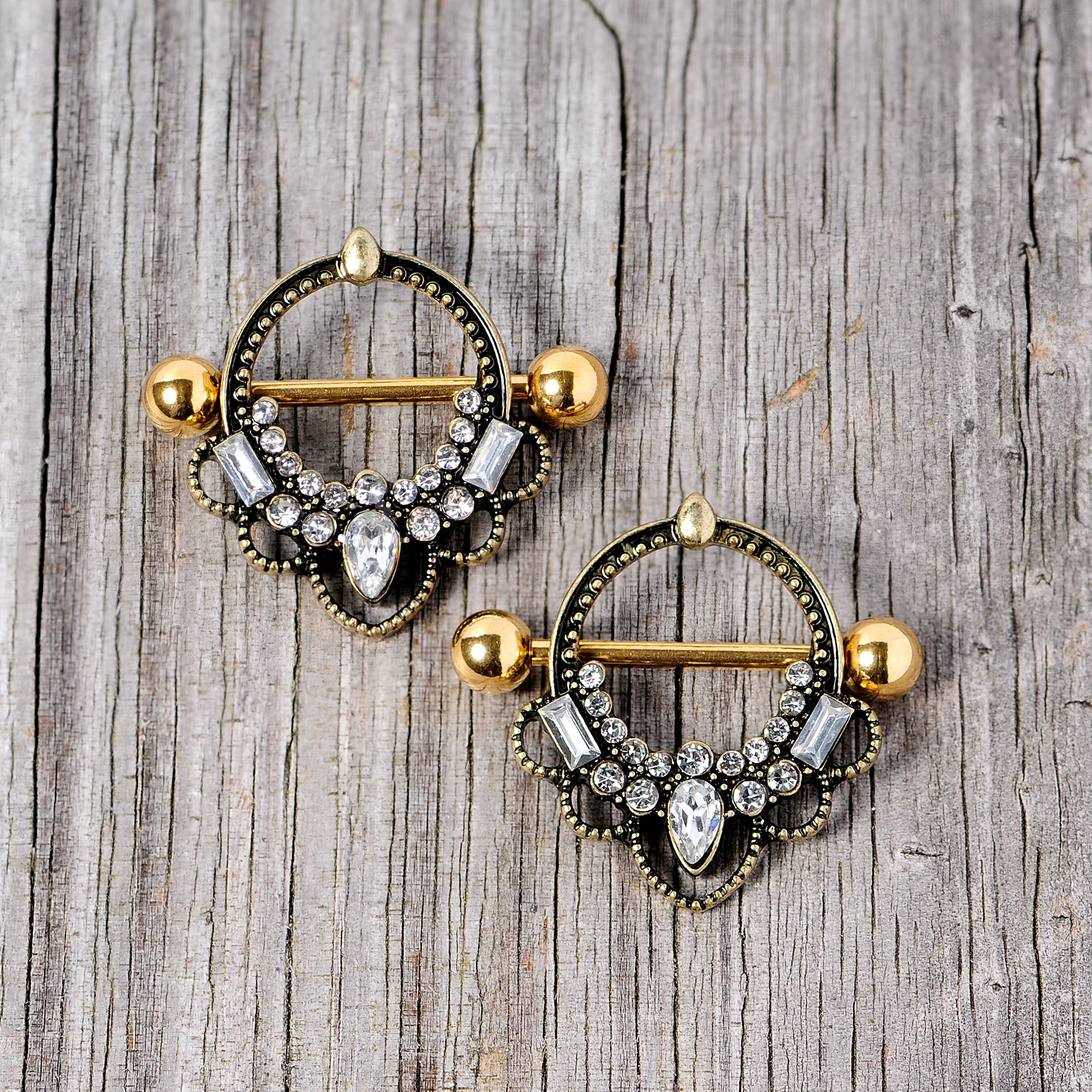 14G 5/8 Clear Gem Gold Tone Filigree Nipple Shield Set - Image 4