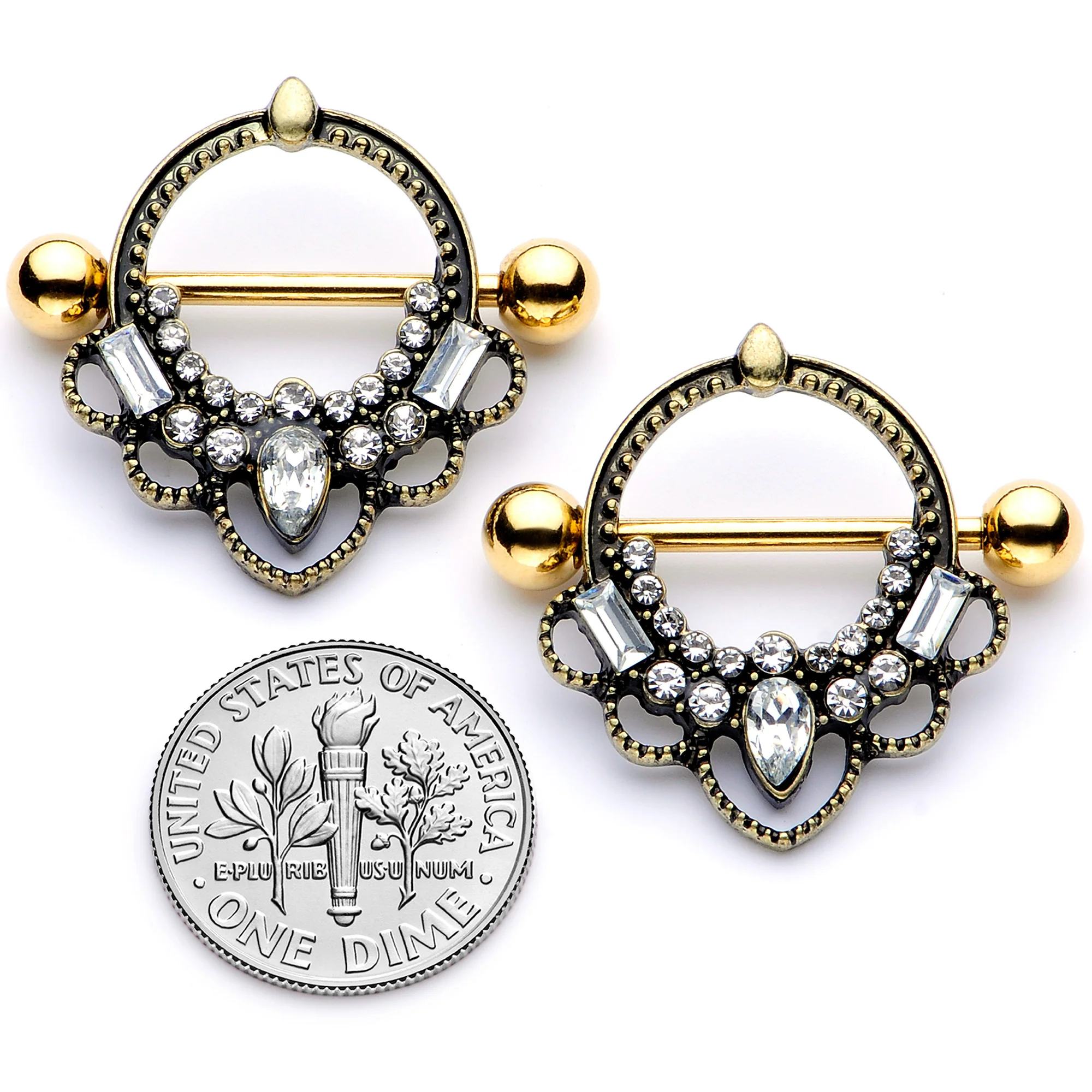 14G 5/8 Clear Gem Gold Tone Filigree Nipple Shield Set - Image 5