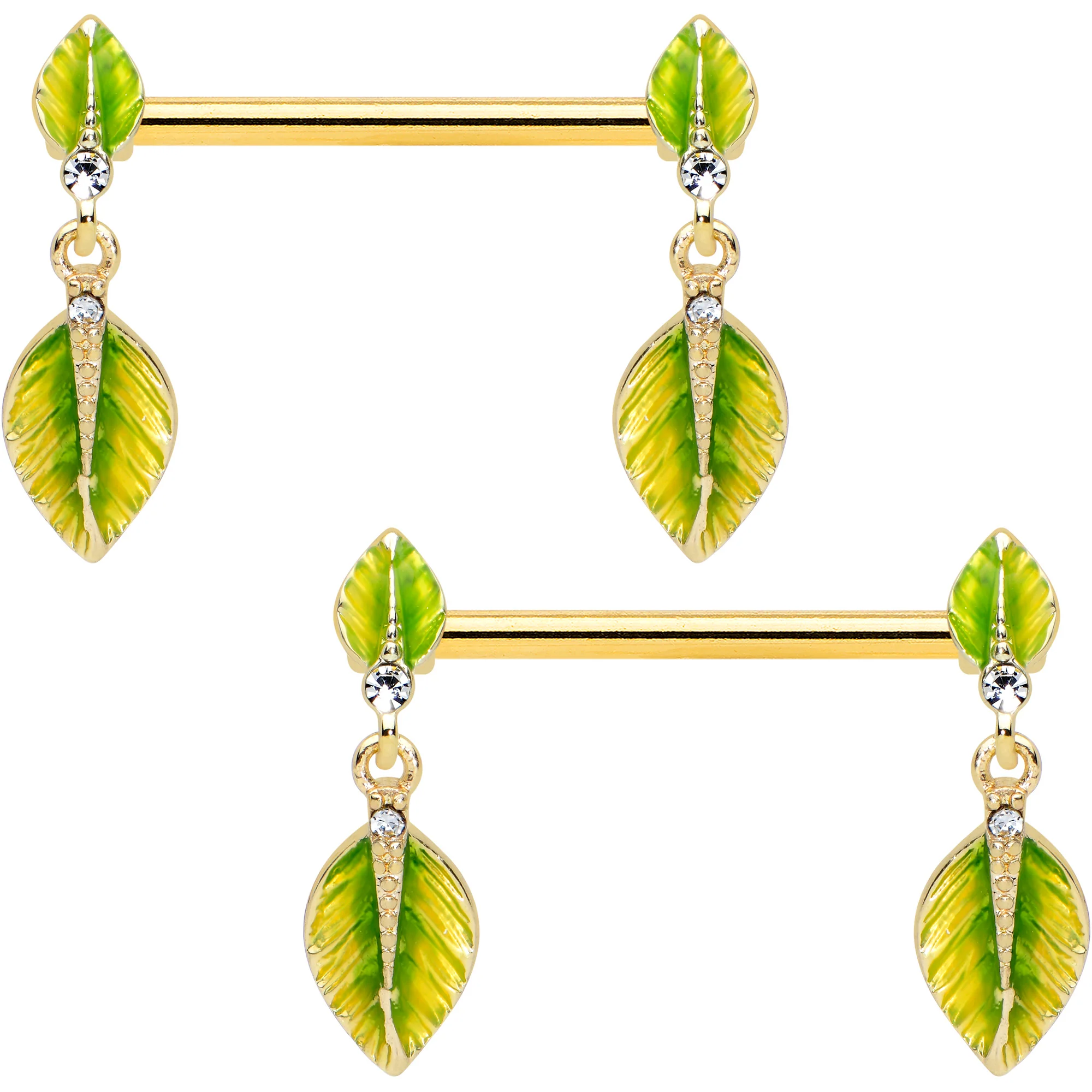 14G 5/8 Clear Gem Gold Tone Lush Leaves Dangle Nipple Ring Set