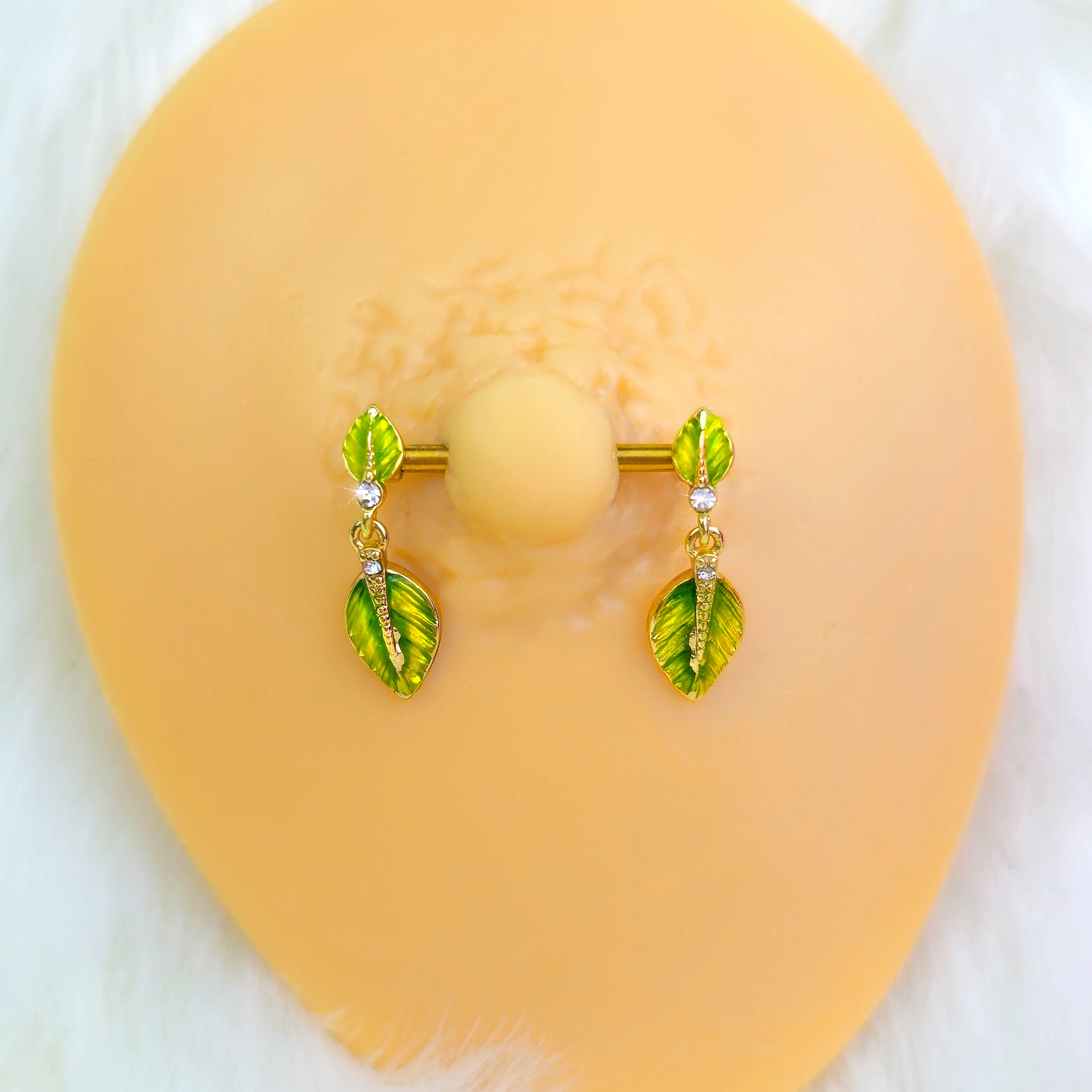 14G 5/8 Clear Gem Gold Tone Lush Leaves Dangle Nipple Ring Set - Image 2