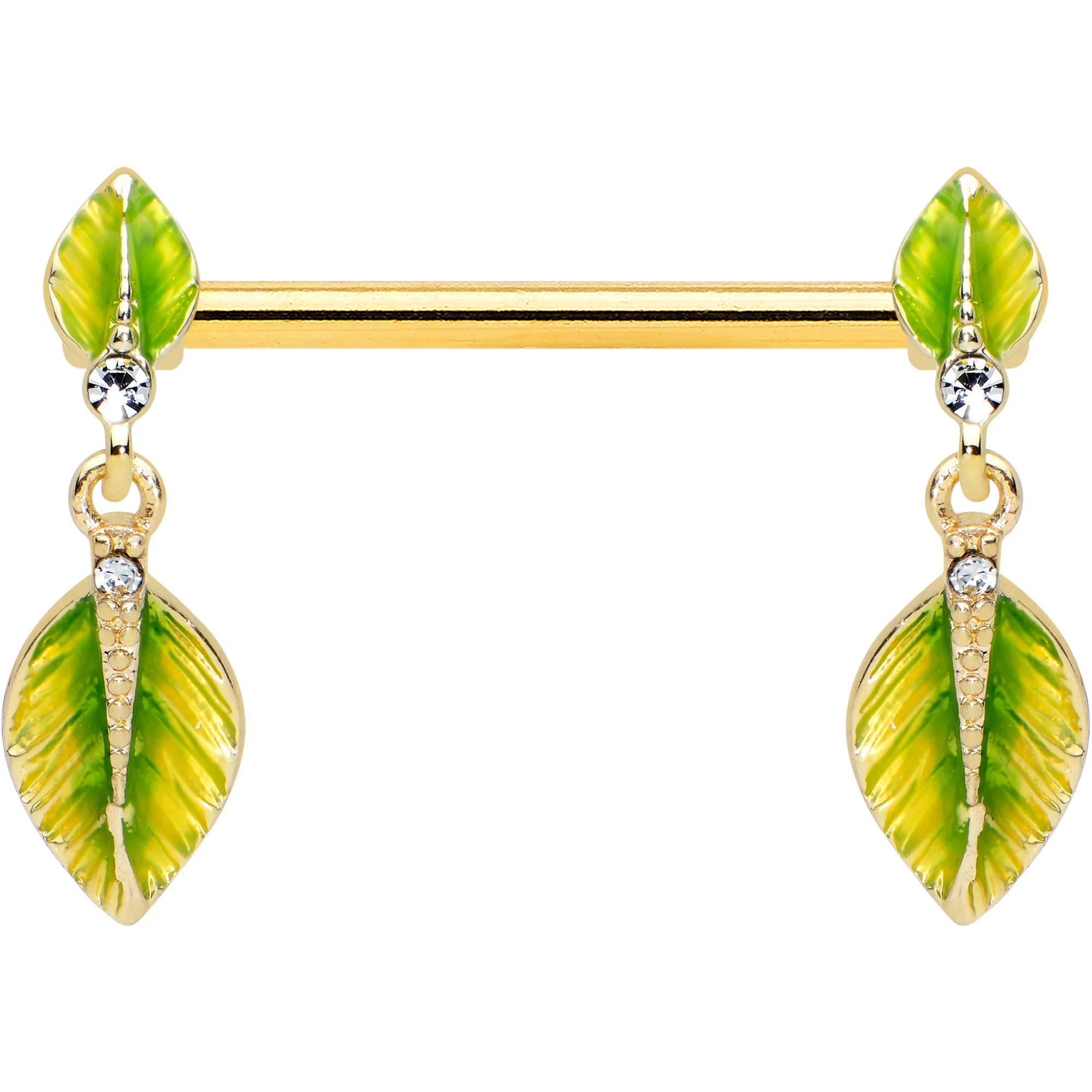 14G 5/8 Clear Gem Gold Tone Lush Leaves Dangle Nipple Ring Set - Image 3