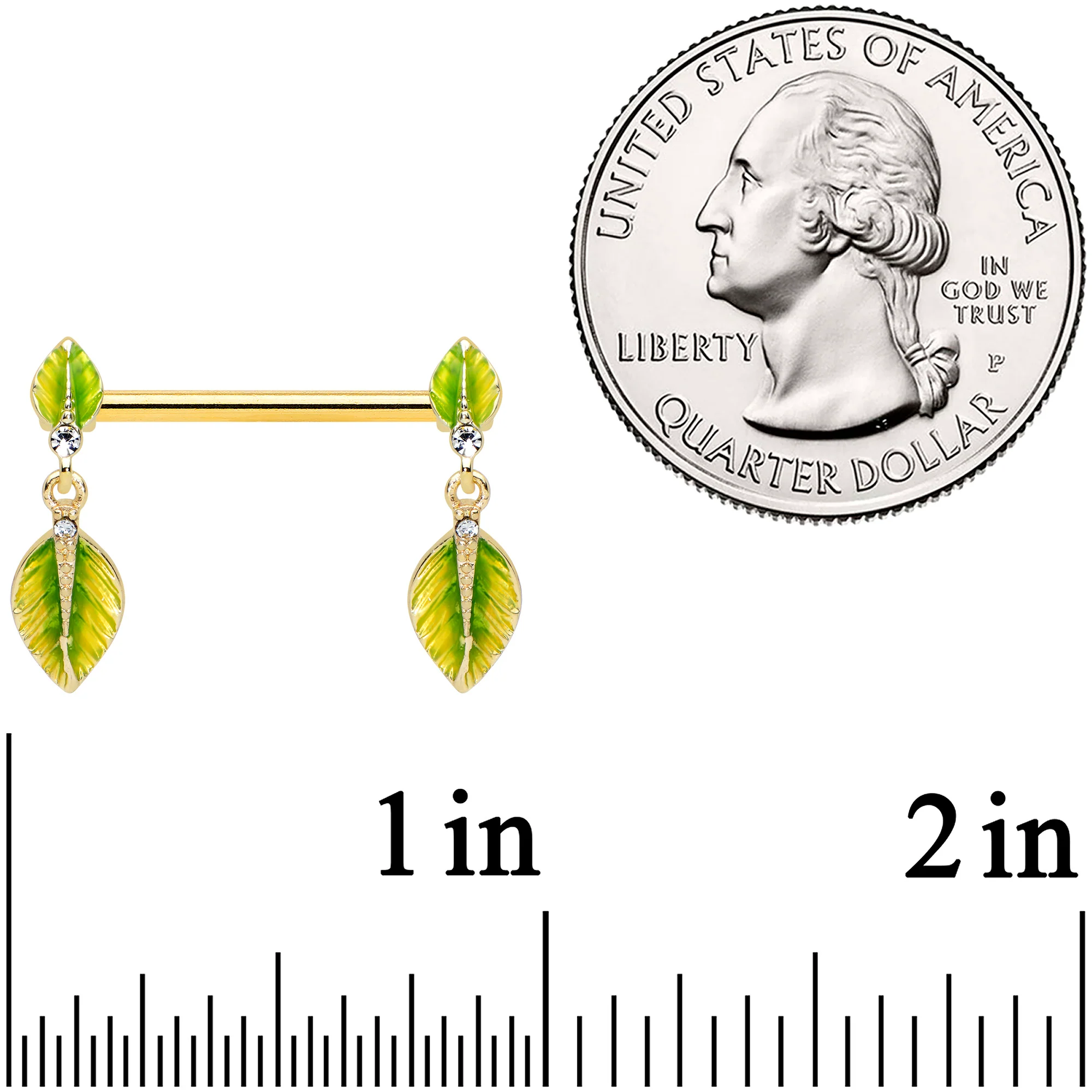 14G 5/8 Clear Gem Gold Tone Lush Leaves Dangle Nipple Ring Set - Image 4