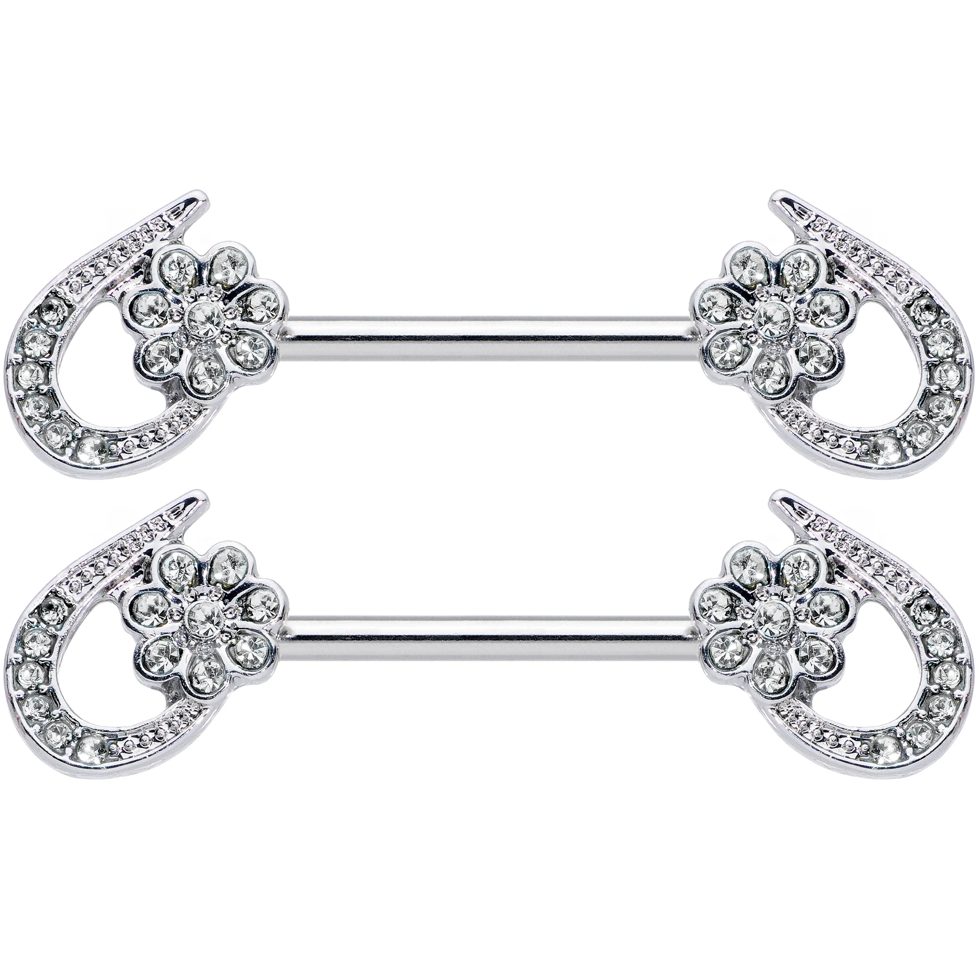14G 5/8 Clear Gem Heart Flower Barbell Nipple Ring Set - Image 2