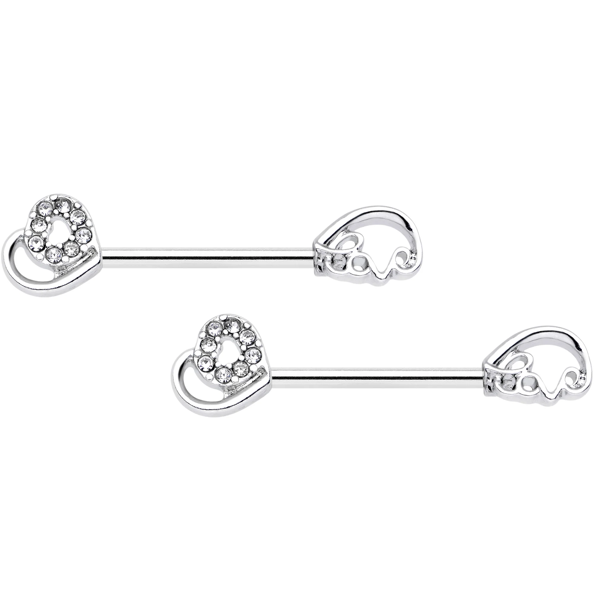 14G 5/8 Clear Gem Heart Swirl Barbell Nipple Ring Set