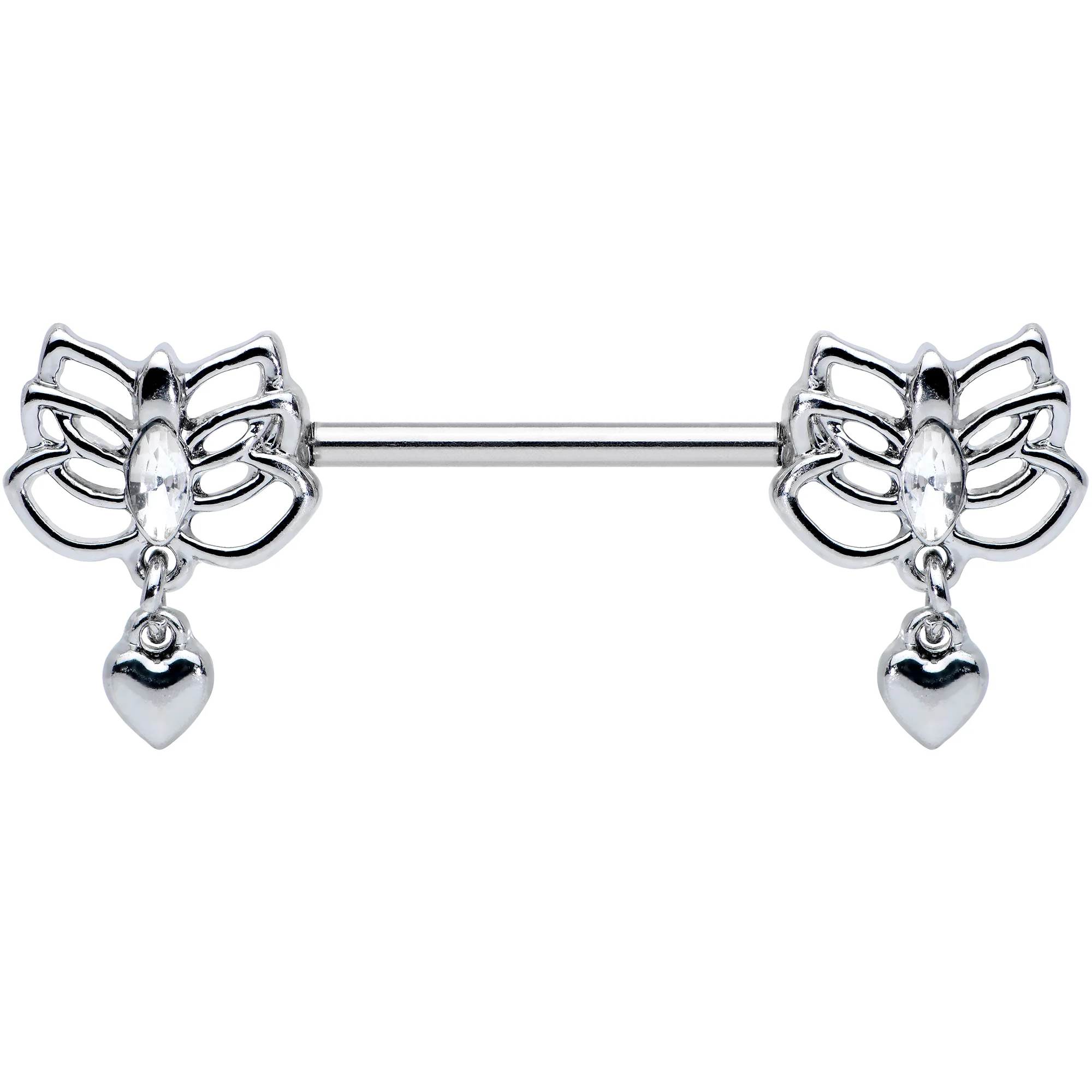 14G 5/8 Clear Gem Lotus Heart Dangle Barbell Nipple Ring Set - Image 2