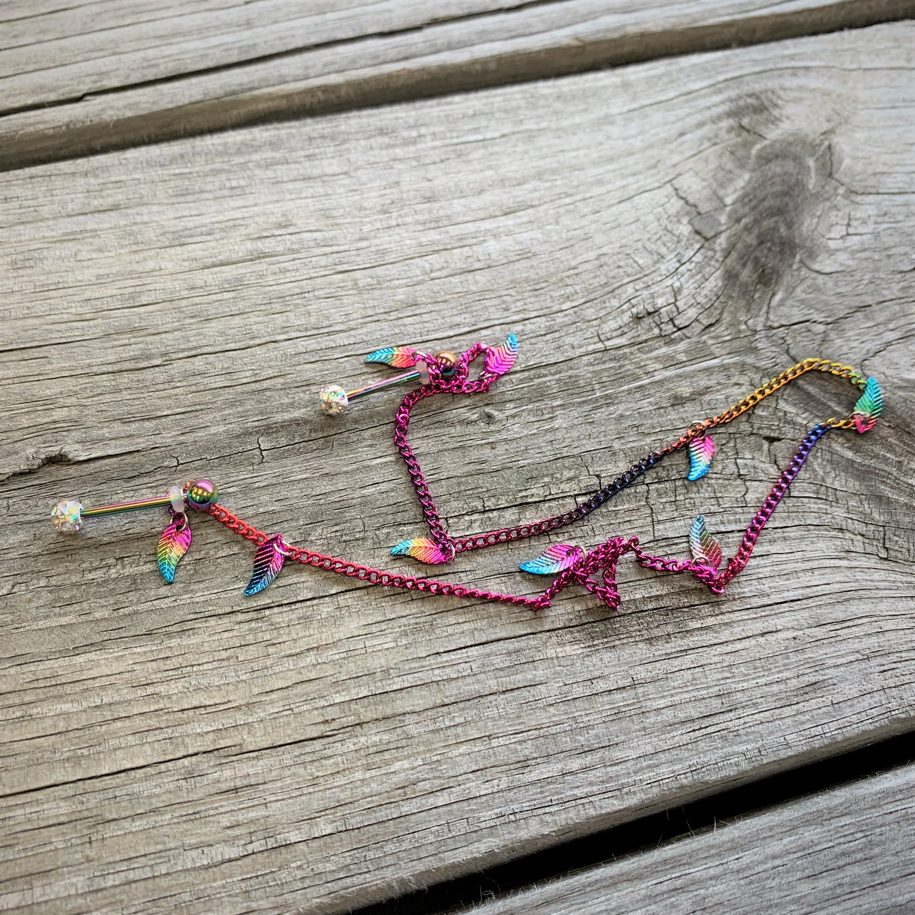 14G 5/8 Clear Gem Rainbow Autumn Leaves Dangle Nipple Chain - Image 2
