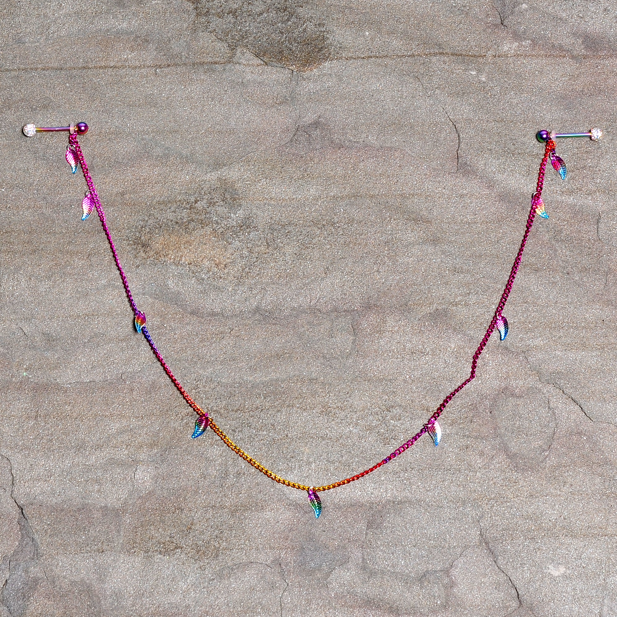 14G 5/8 Clear Gem Rainbow Autumn Leaves Dangle Nipple Chain - Image 4