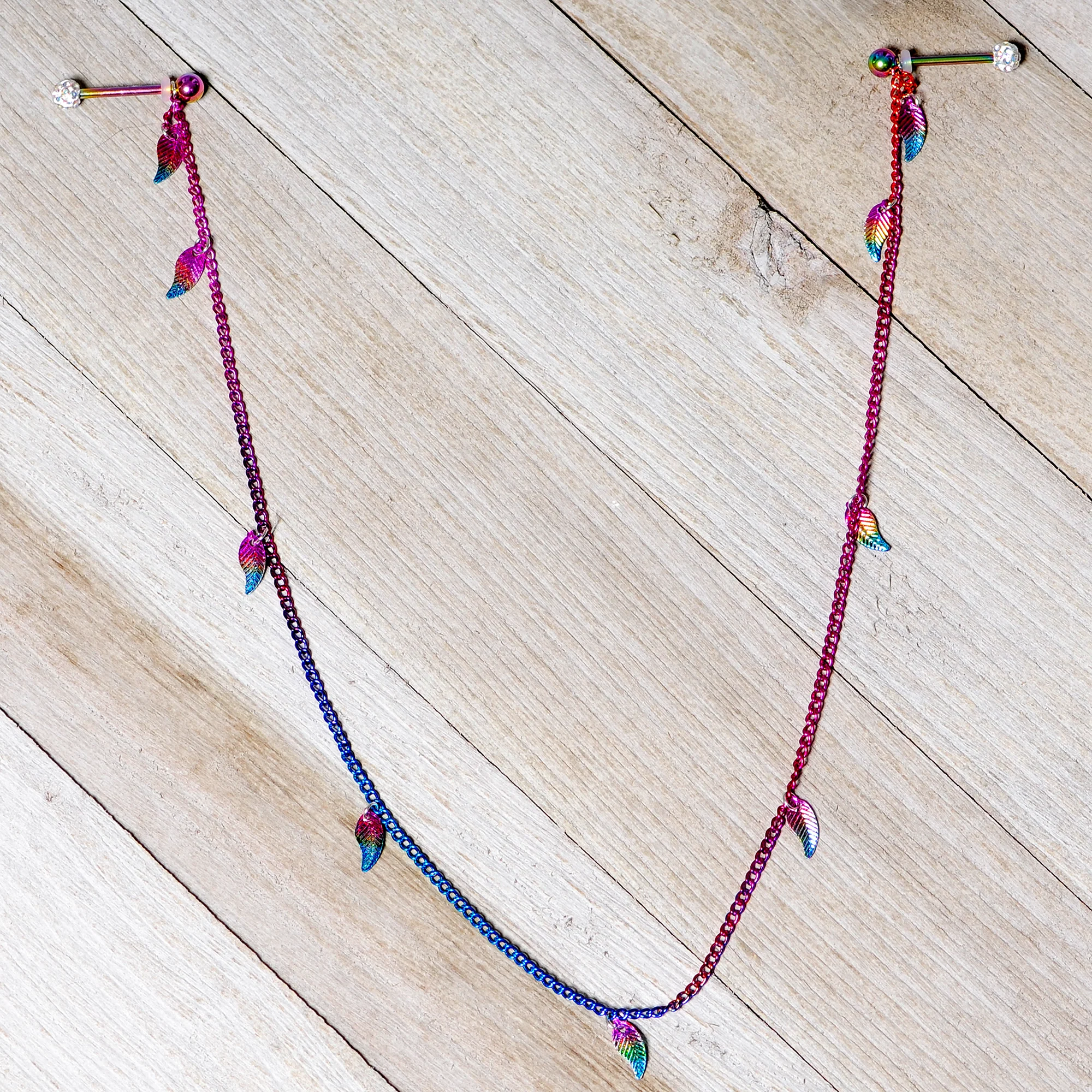 14G 5/8 Clear Gem Rainbow Autumn Leaves Dangle Nipple Chain - Image 5