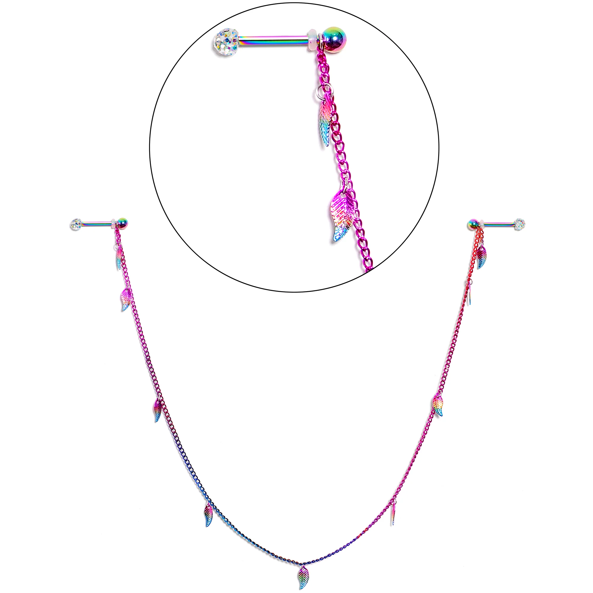 14G 5/8 Clear Gem Rainbow Autumn Leaves Dangle Nipple Chain - Image 6