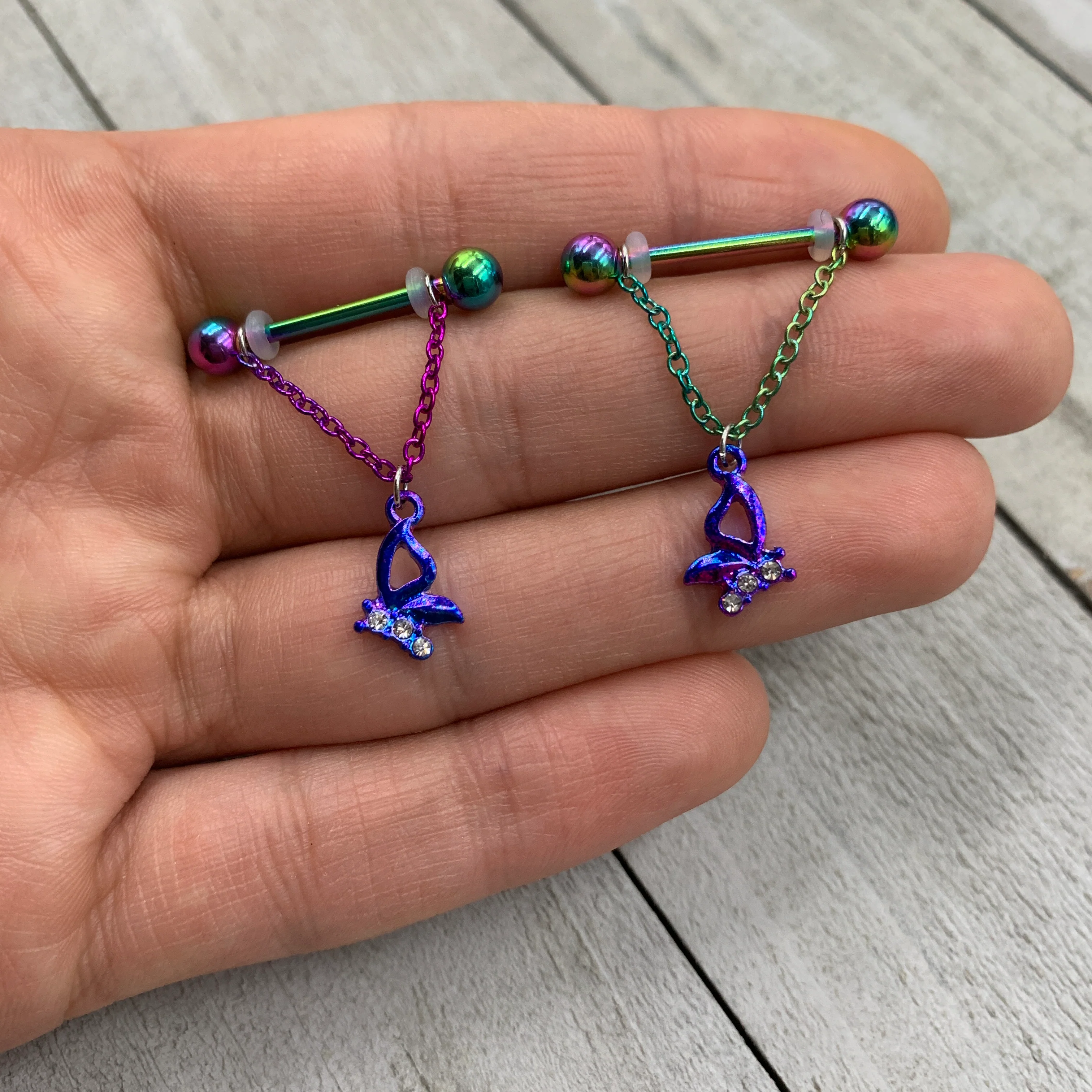 14G 5/8 Clear Gem Rainbow Butterfly Dangle Nipple Ring Set - Image 2