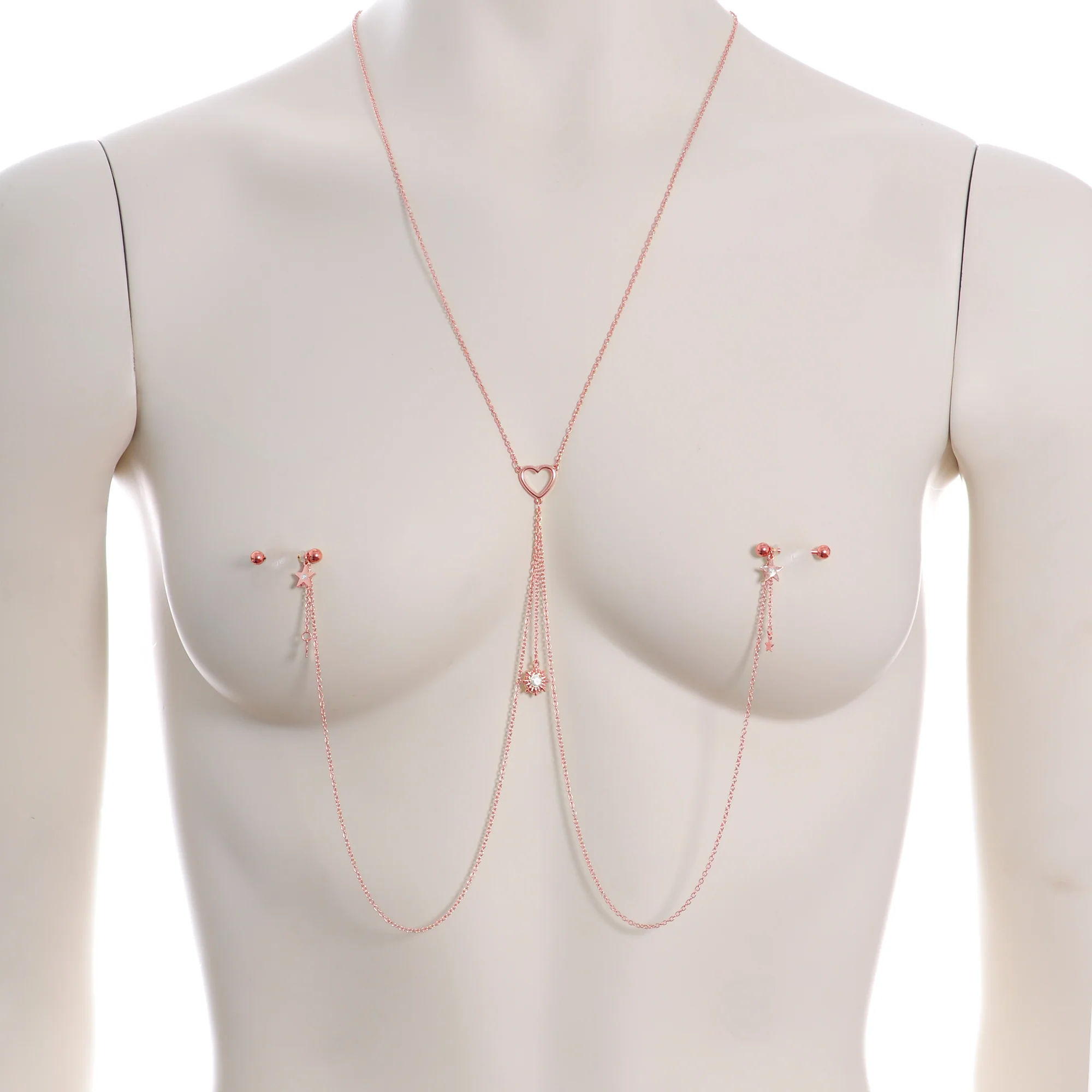 14G 5/8 Clear Gem Rose Gold Hue Star Sun Nipple Chain Necklace - Image 2