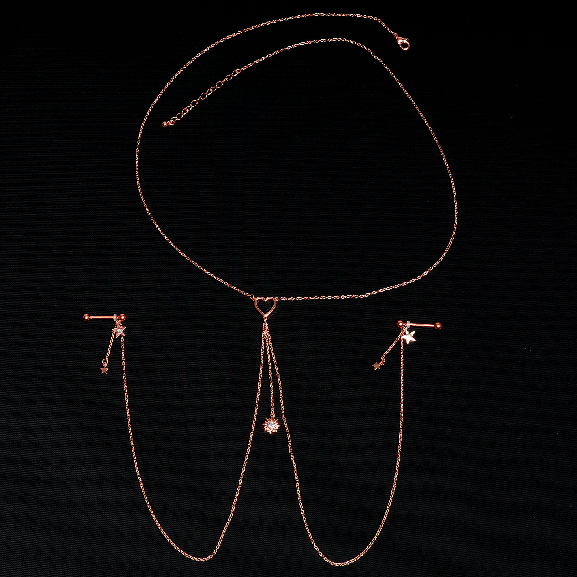 14G 5/8 Clear Gem Rose Gold Hue Star Sun Nipple Chain Necklace - Image 3