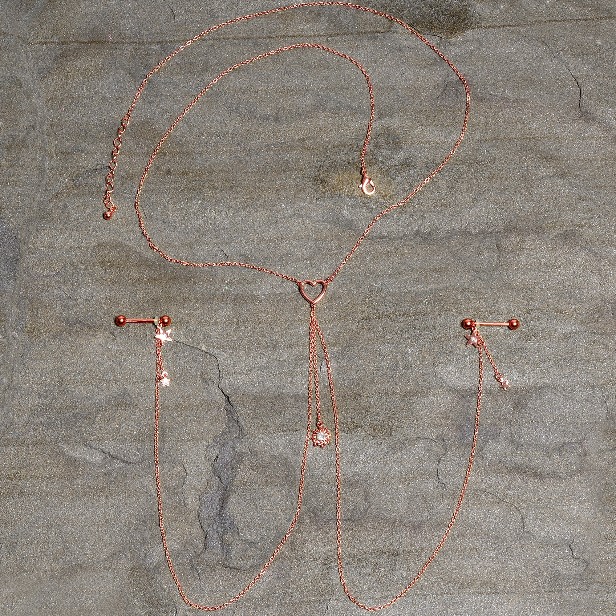 14G 5/8 Clear Gem Rose Gold Hue Star Sun Nipple Chain Necklace - Image 4