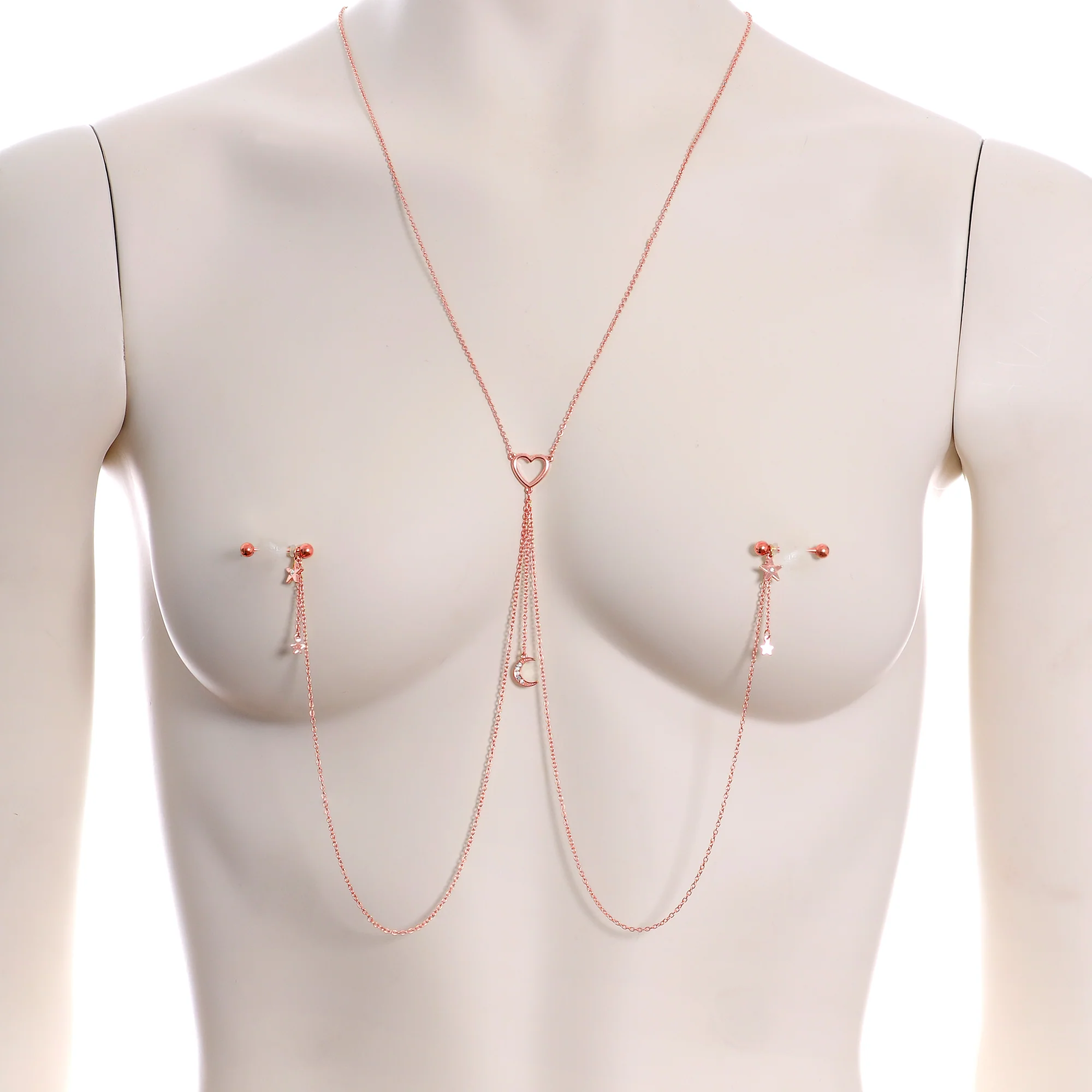 14G 5/8 Clear Gem Rose Gold Hue Star Moon Nipple Chain Necklace - Image 2