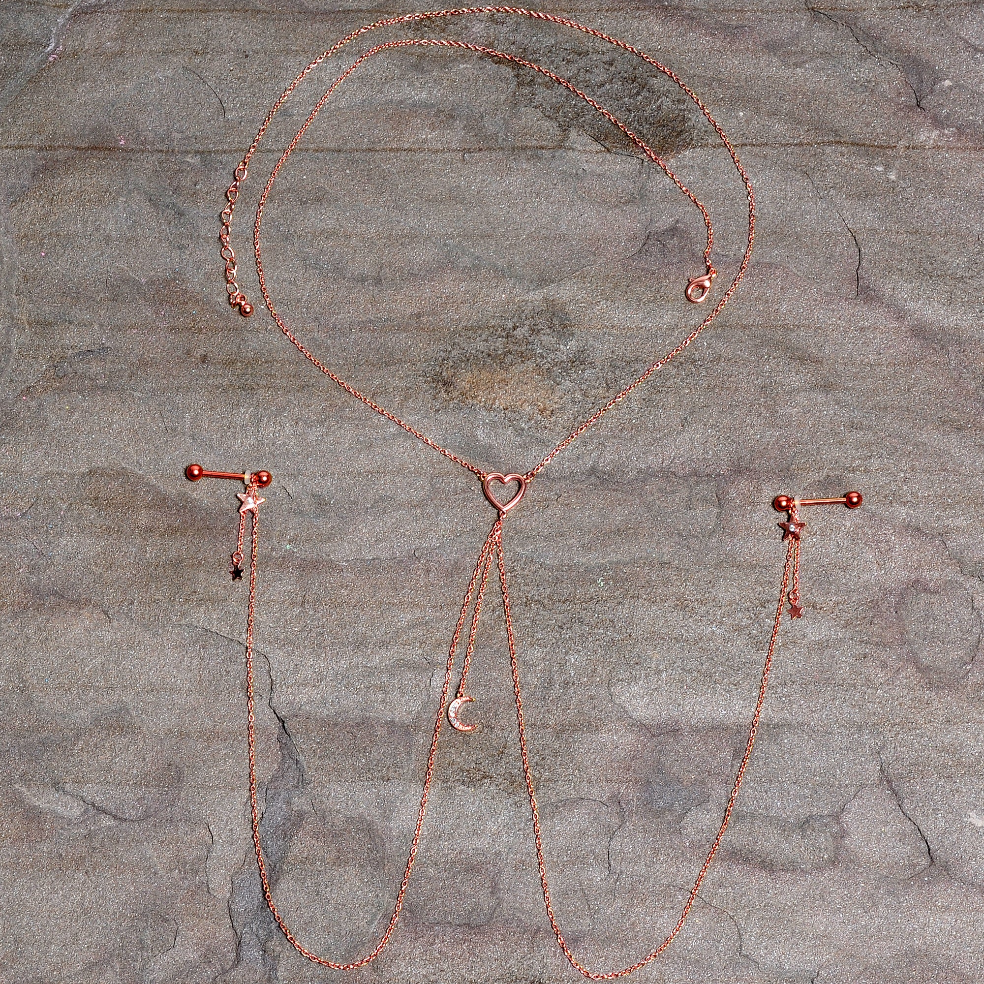 14G 5/8 Clear Gem Rose Gold Hue Star Moon Nipple Chain Necklace - Image 4