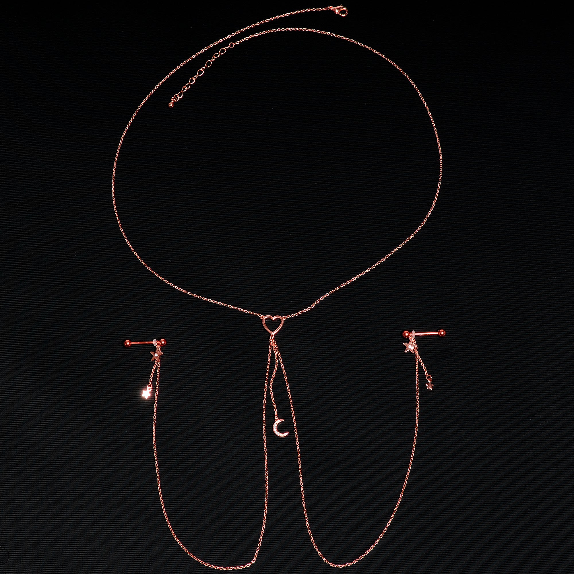 14G 5/8 Clear Gem Rose Gold Hue Star Moon Nipple Chain Necklace - Image 5