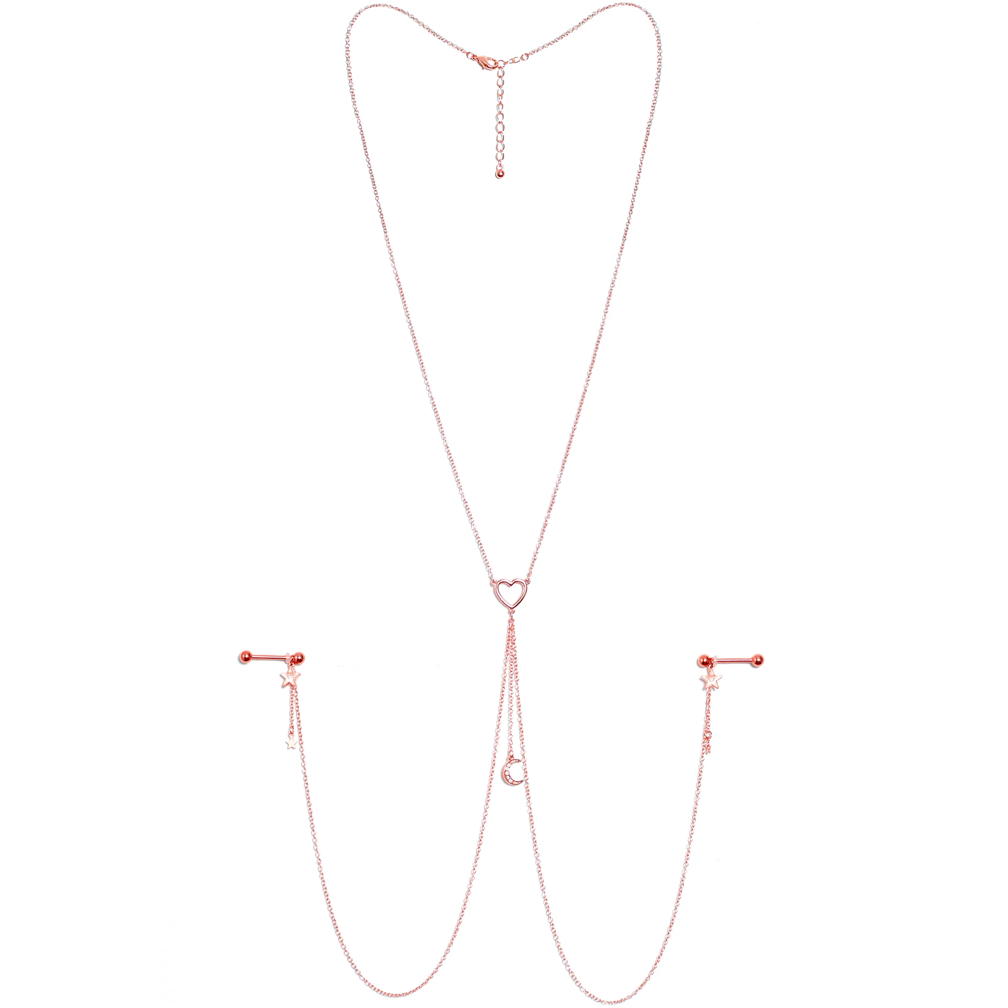 14G 5/8 Clear Gem Rose Gold Hue Star Moon Nipple Chain Necklace - Image 6