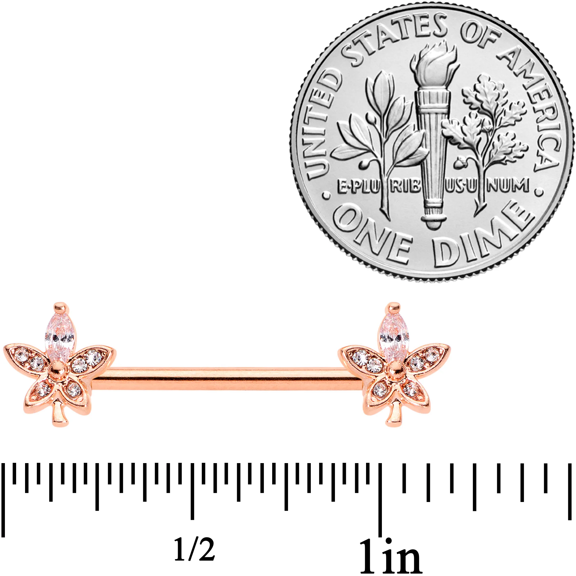 14G 5/8 Clear Gem Rose Gold Tone Beautiful Flower Nipple Ring Set - Image 2