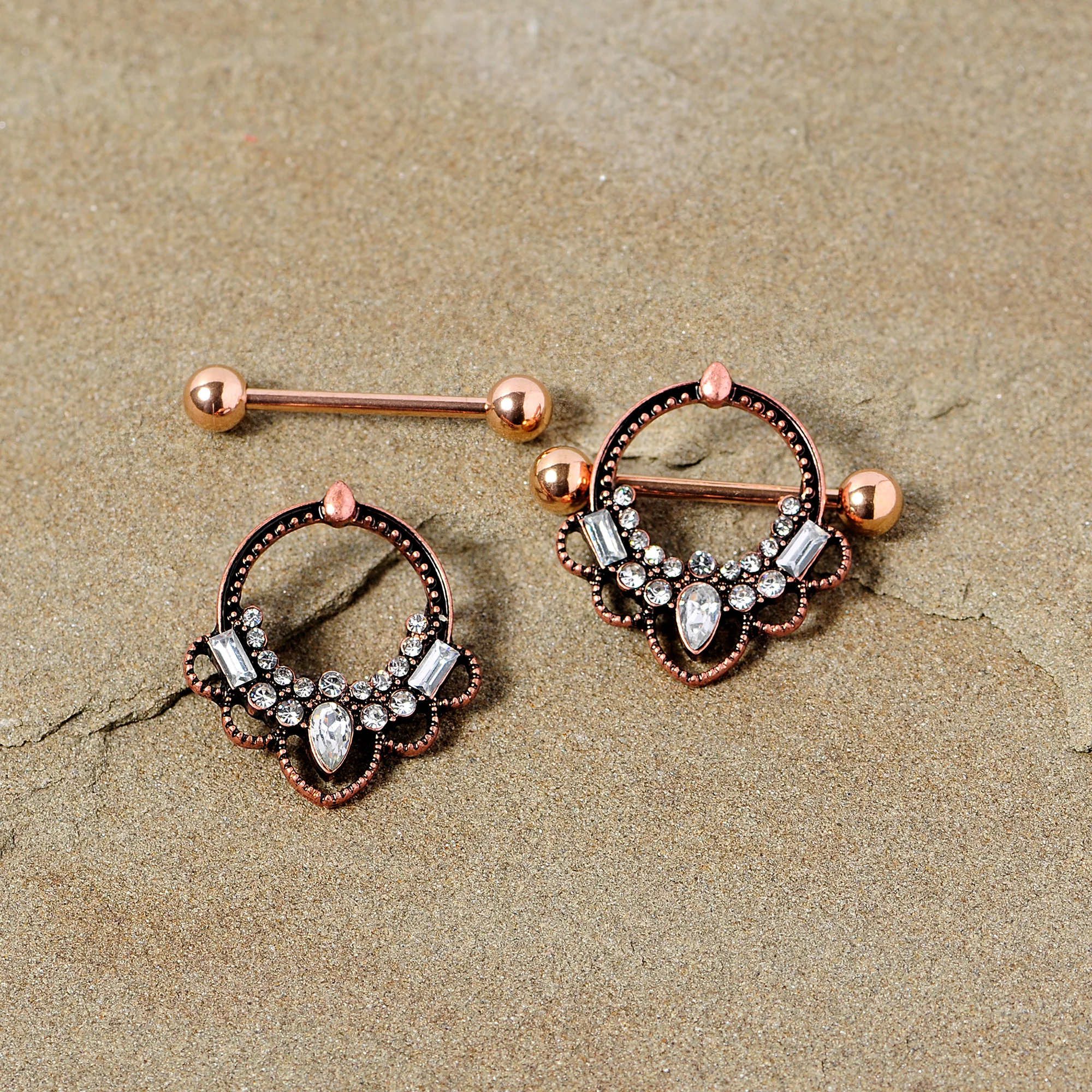 14G 5/8 Clear Gem Rose Gold Tone Filigree Nipple Shield Set - Image 3