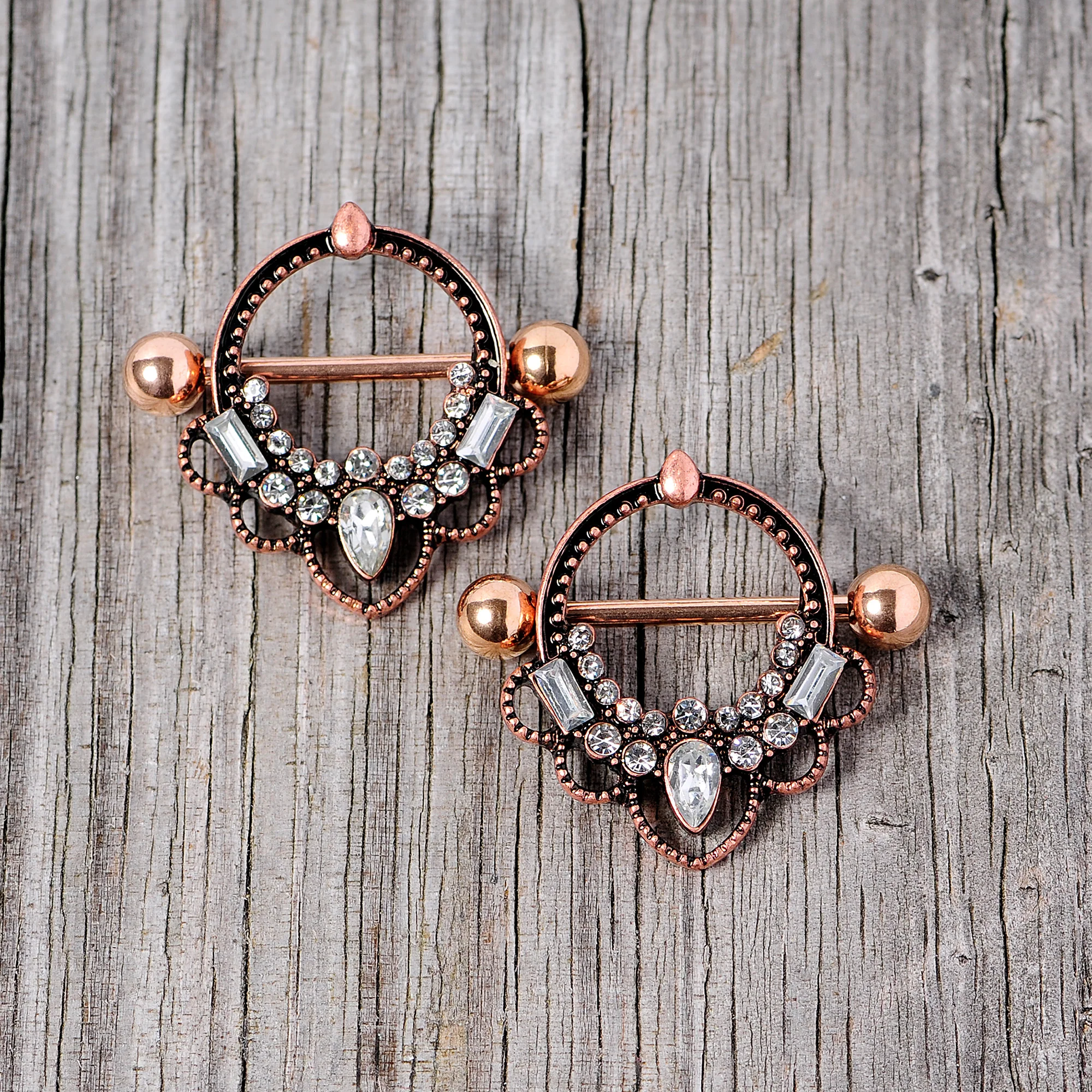 14G 5/8 Clear Gem Rose Gold Tone Filigree Nipple Shield Set - Image 4