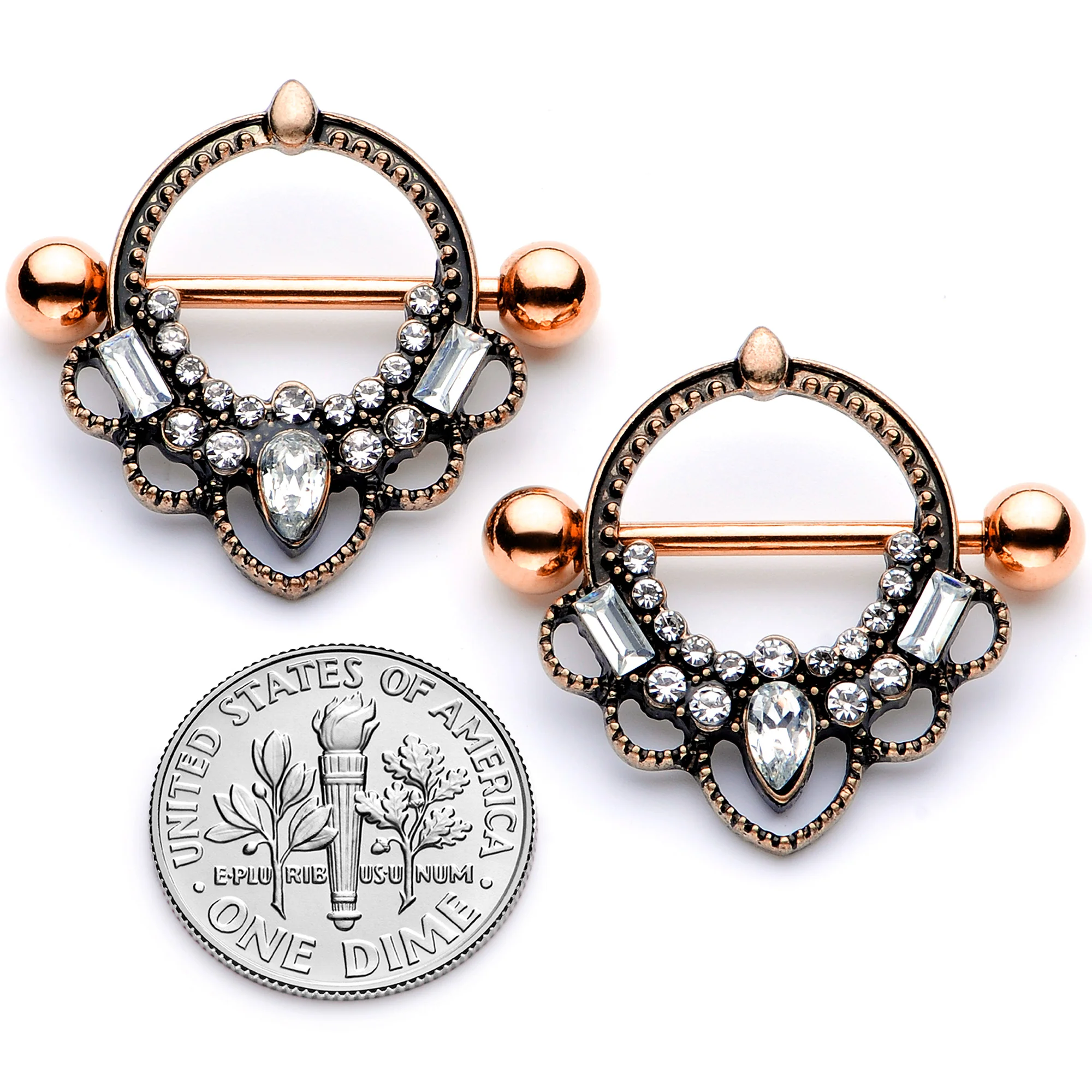 14G 5/8 Clear Gem Rose Gold Tone Filigree Nipple Shield Set - Image 5