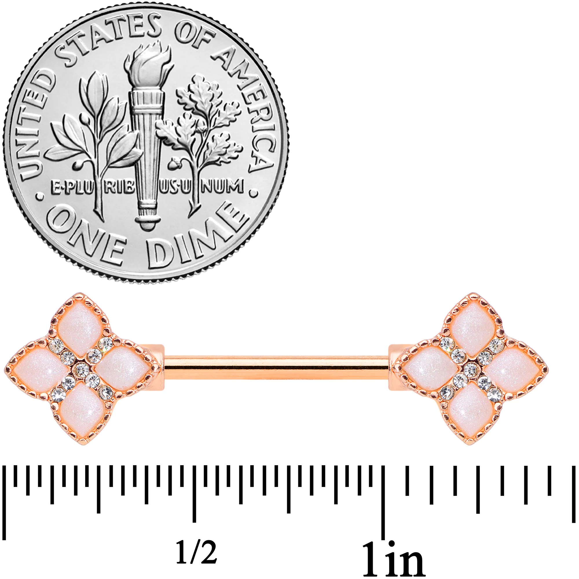 14G 5/8 Clear Gem Rose Gold Tone Rhombus Barbell Nipple Ring Set - Image 2