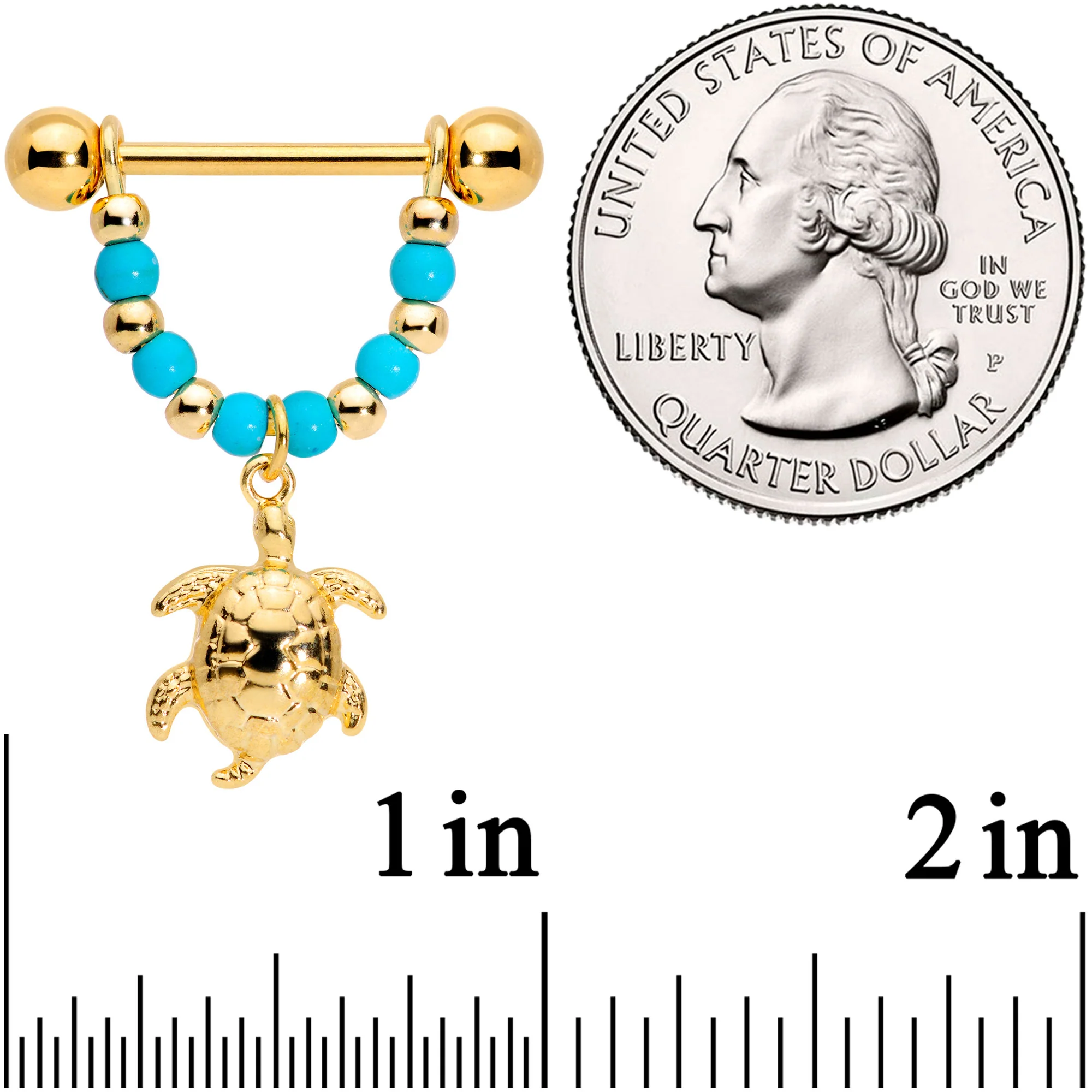 14G 5/8 Faux Turquoise Gold Tone Sea Turtle Dangle Nipple Ring Set - Image 2