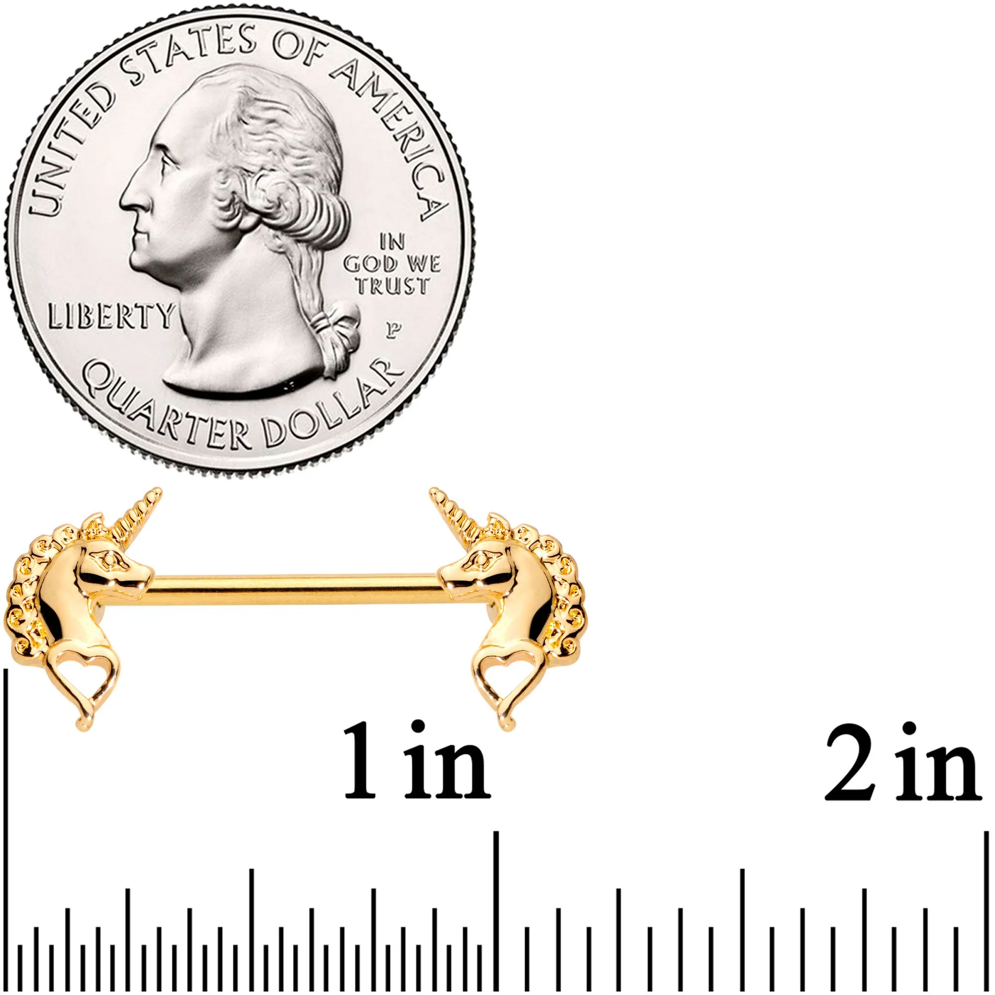 14G 5/8 Gold Tone Anodized Unicorn Barbell Nipple Ring Set - Image 2