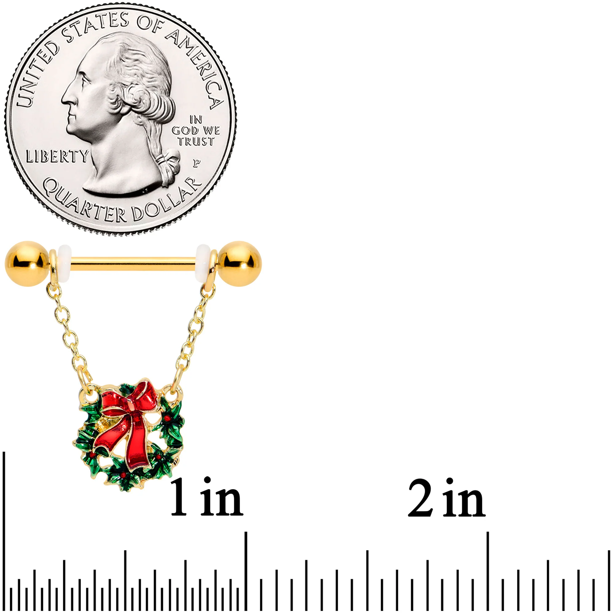14G 5/8 Gold Tone Festive Wreath Christmas Dangle Nipple Ring Set - Image 2